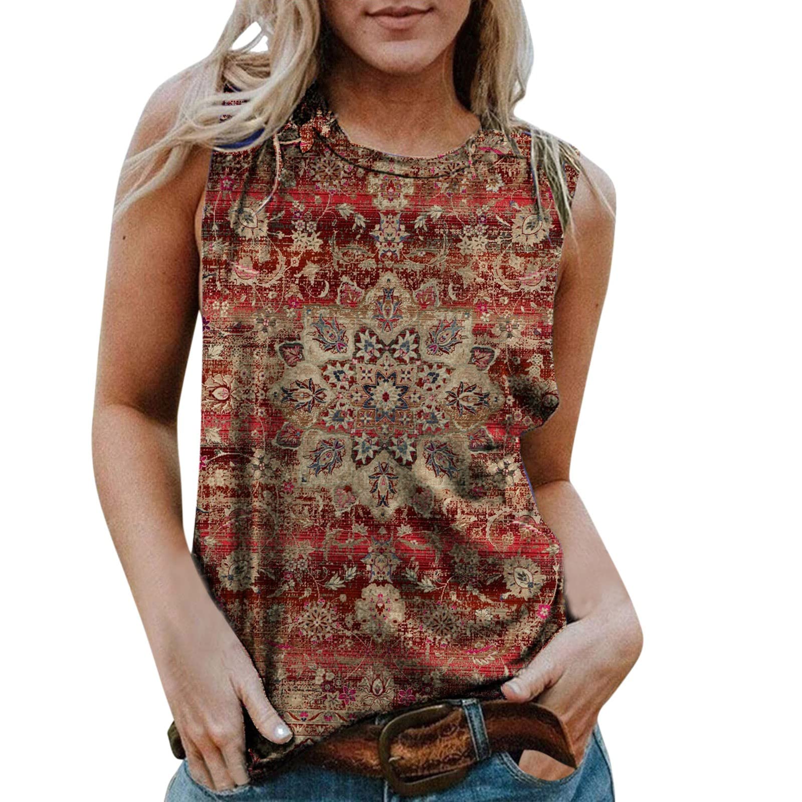 Stylish Women's Summer Casual Aztec Print Sleeveless Vest Tops - Loose Fit Round Neck Shirt for Beach, Vacation & Daily Wear
