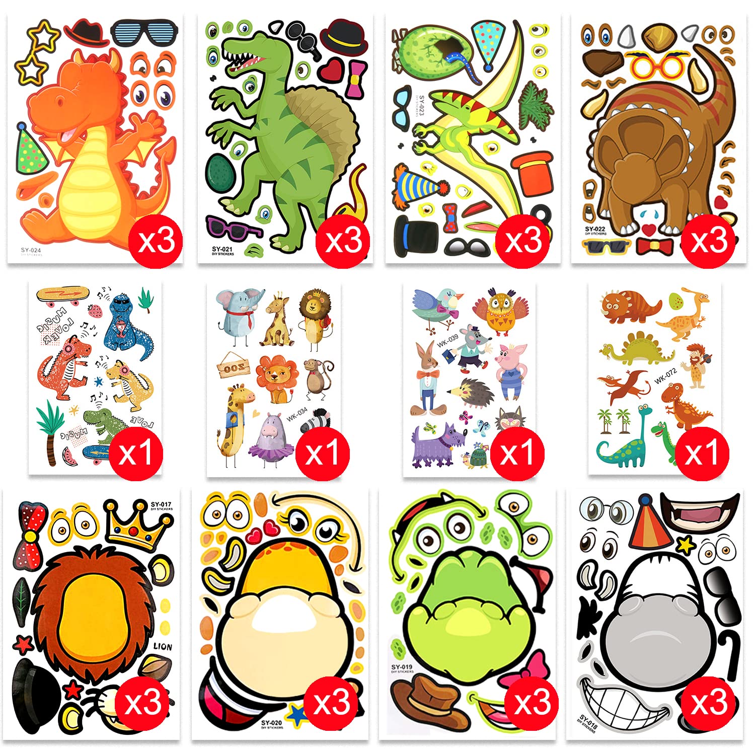 Dinosaur Stickers for Kids - Reusable DIY Face & Tattoo Stickers for Boys & Girls Ages 3-8, Fun Birthday Party Favors, Classroom Activities & Creative Play