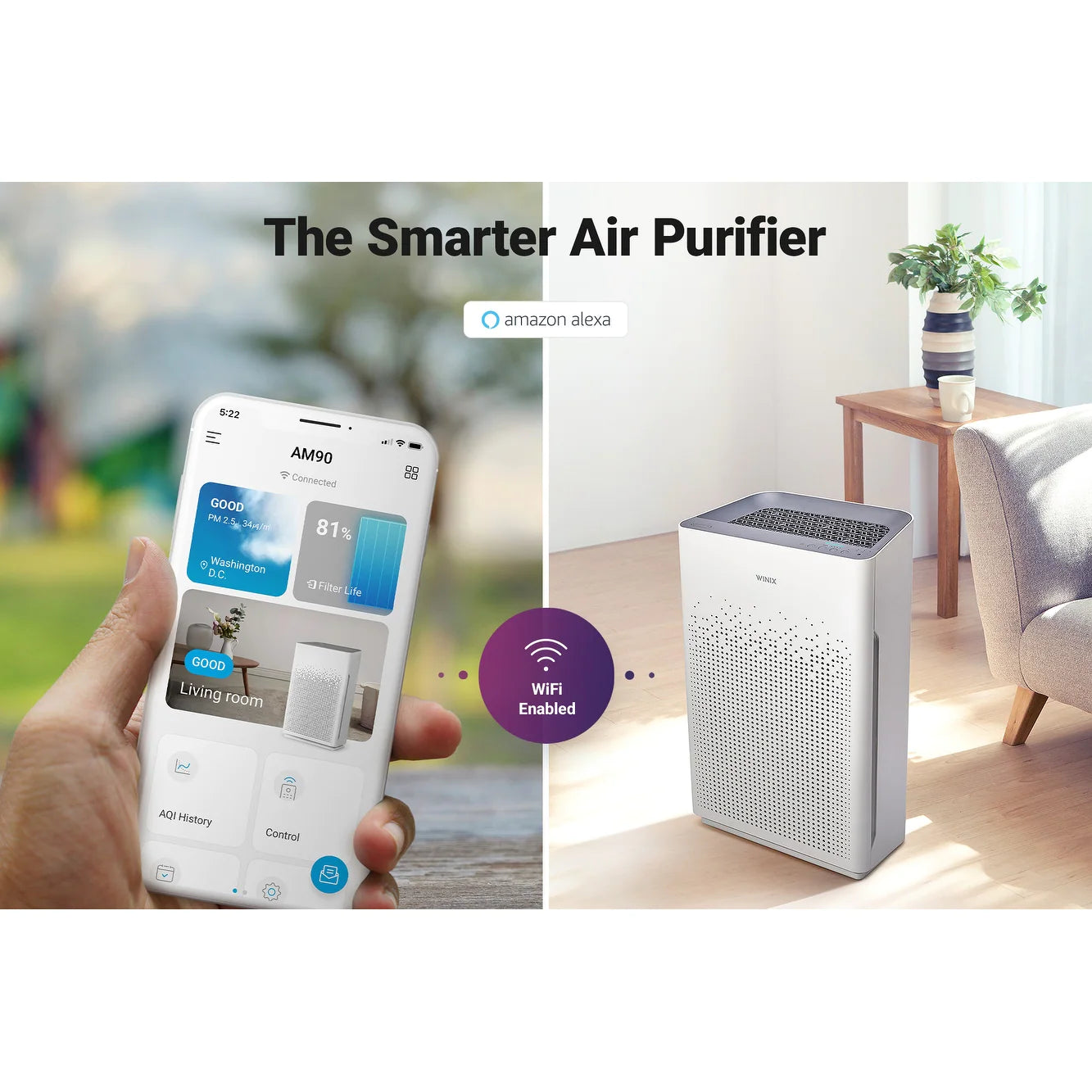 Winix AM90 4-Stage True HEPA Air Purifier with WiFi & PlasmaWave® Technology - Eliminates Allergens, Dust & Odors - Perfect for Bedrooms, Living Rooms & Offices