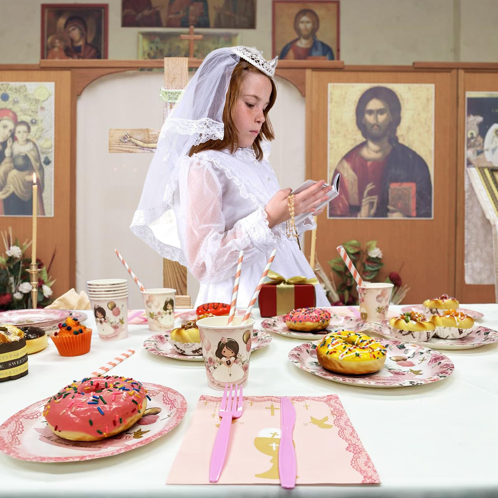 112 Pcs Pink Baptism Plates & Napkins Set - First Communion Party Supplies for Girls, Christening Tableware, Confirmation Decor - Perfect for Mi Primera Comunion, Mi Bautizo Celebrations - Ideal for Church Events, Baby Showers & Religious Ceremonies