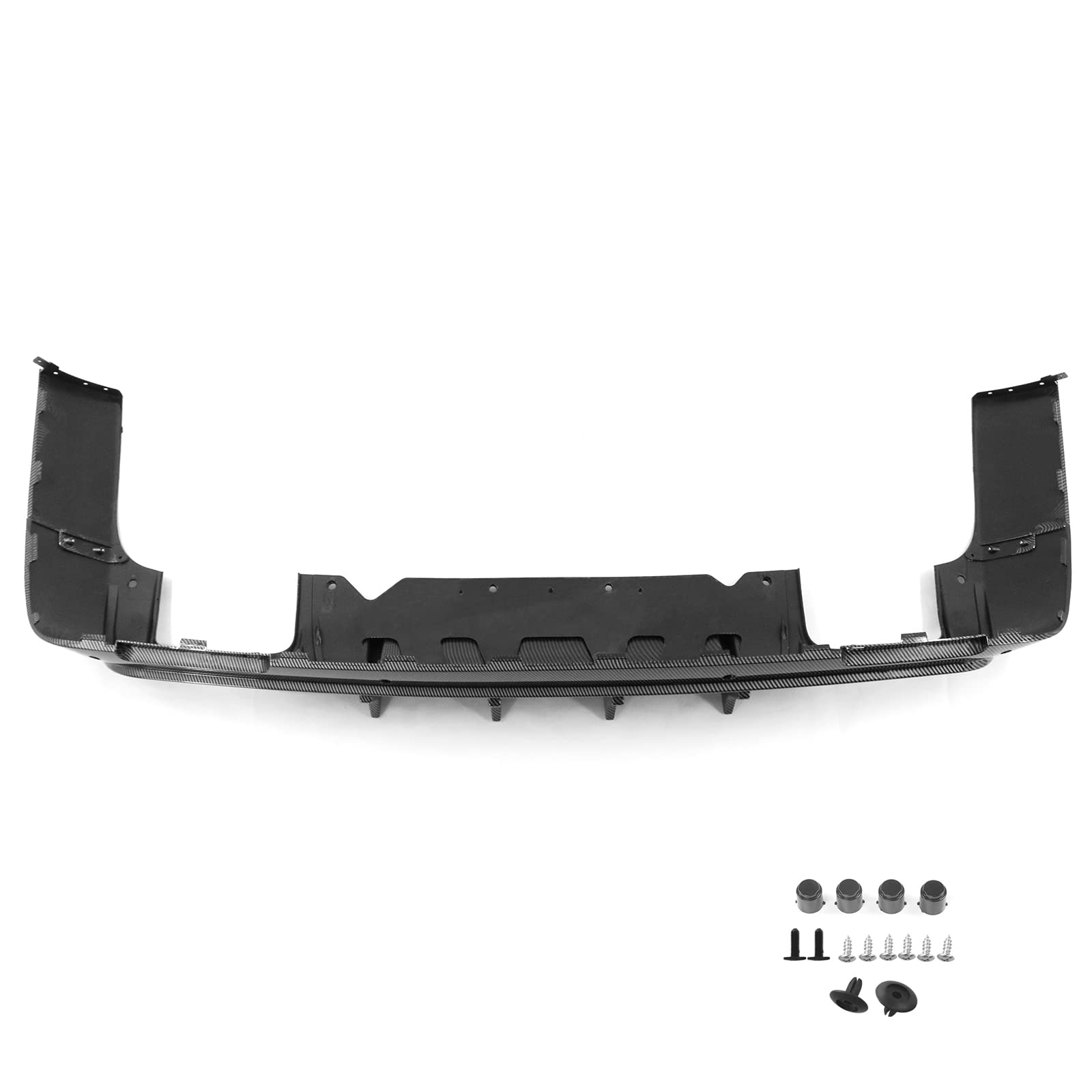 IKON MOTORSPORTS V4 Style Carbon Fiber Print Rear Diffuser for 2015-2023 Dodge Challenger | PP Bumper Lip Spoiler with Shark Fins | Aggressive Styling Upgrade for Street Racing & Car Shows
