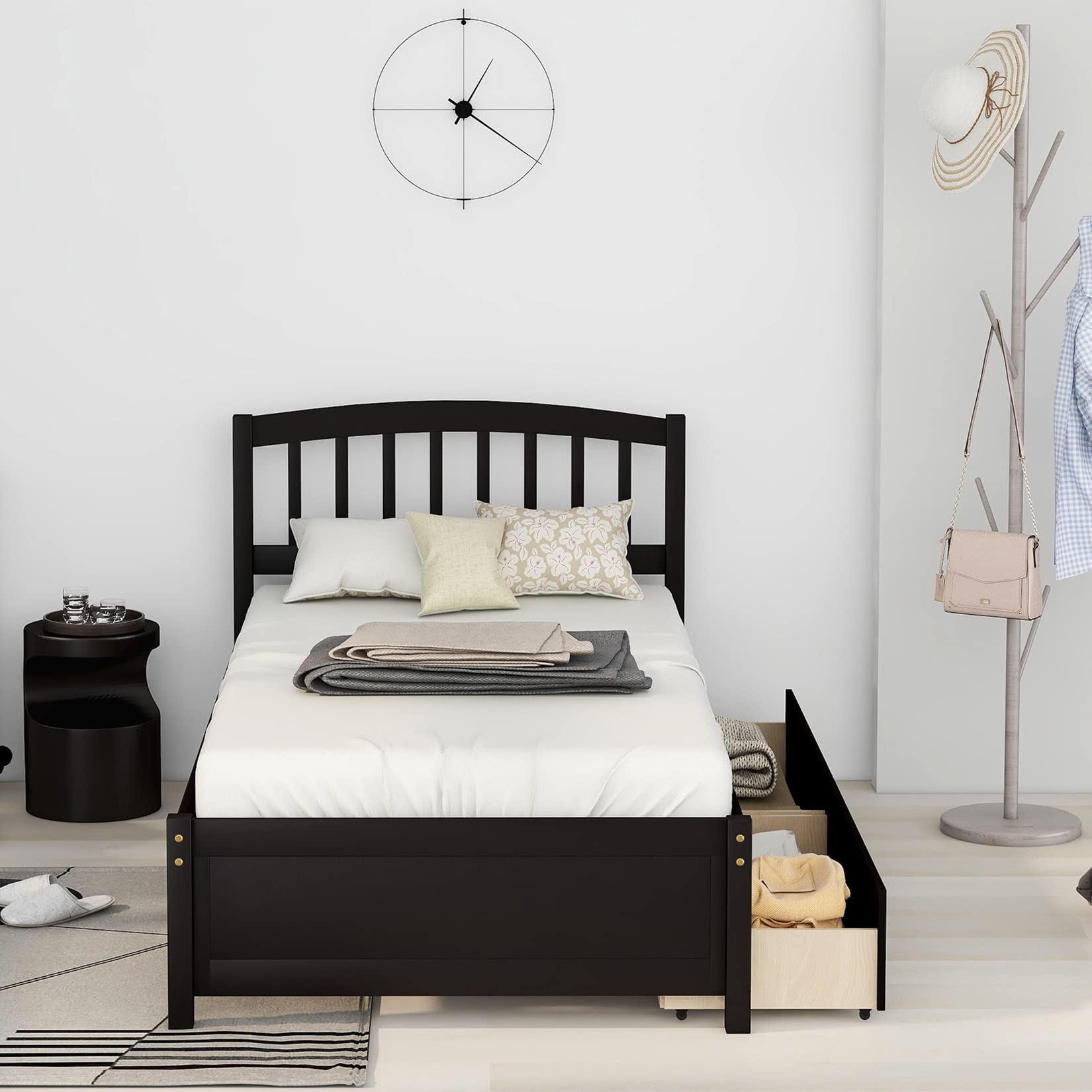 Solid Wood Twin Platform Storage Bed Frame with Headboard & 2 Drawers - Espresso Finish - Perfect for Small Bedrooms, Guest Rooms & Kids' Rooms