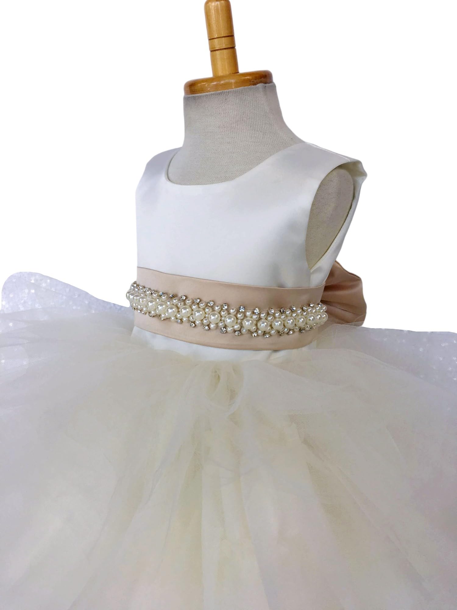 Ivory Sleeveless High-Low Tulle Flower Girl Dress with Ruffle Trim - Perfect for Weddings, Birthday Parties & Special Occasions (Size 16, Champagne Accessories Included)