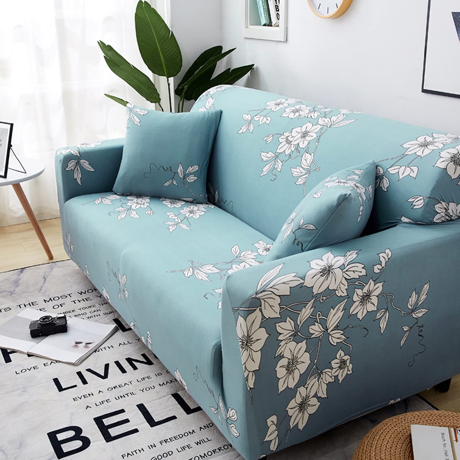 3 Seater Sofa Cover 190-230cm - Light Blue Orchid Flower Stretchable Polyester Couch Protector with Anti-Slip Design | Perfect for Living Room, Bedroom & Home Decor