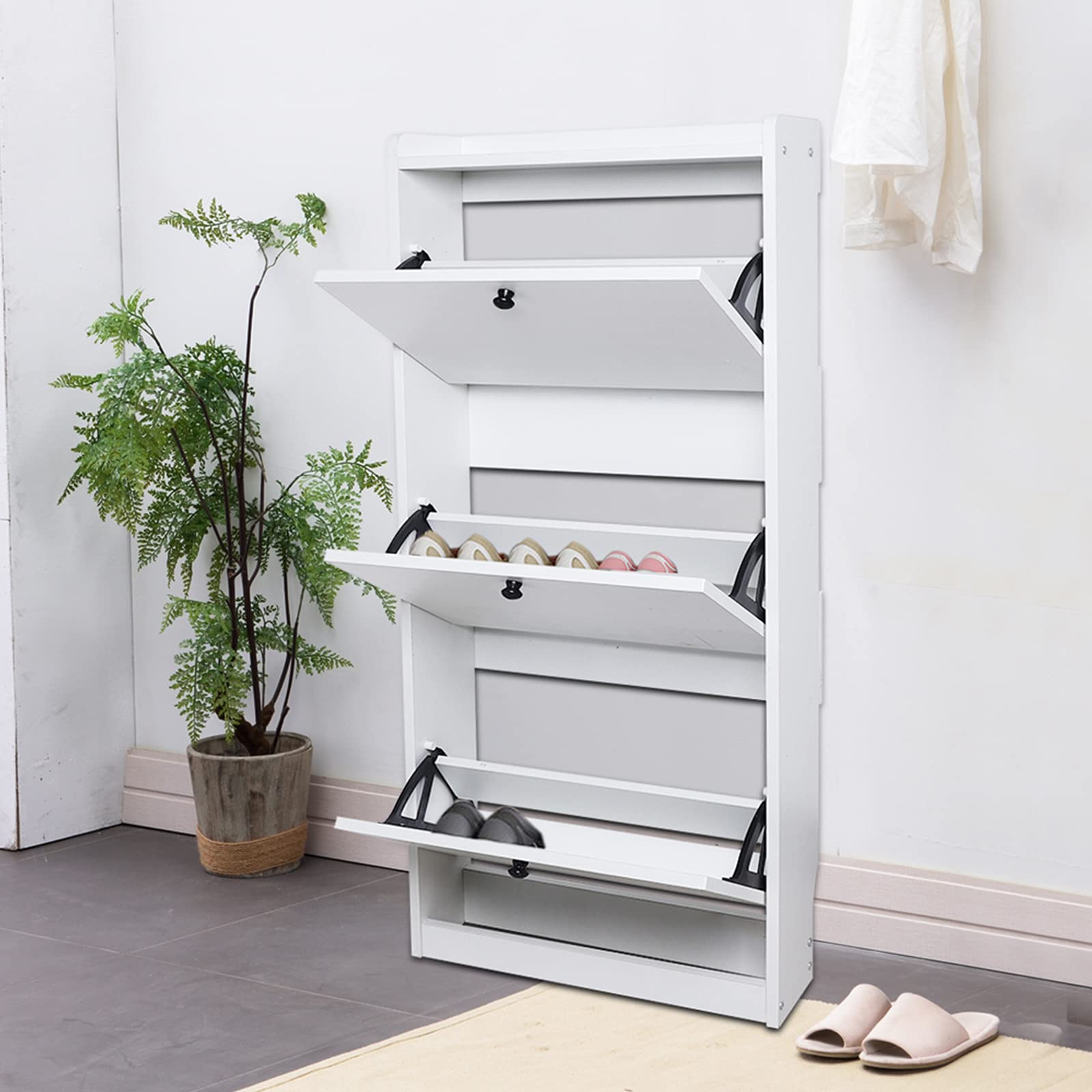 Modern 3-Tier Shoe Storage Cabinet with Fold-Out Drawers - Entryway Shoe Organizer with Doors for Hallway, Closet & Mudroom Organization