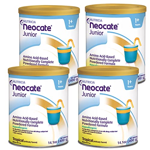 Neocate Junior Hypoallergenic Toddler Formula Powder - Amino Acid-Based Nutrition for Food Allergies - Tropical Flavor 14.1oz Can (Pack of 4) - Ideal for Toddlers with Cow's Milk Protein Allergy or Multiple Food Intolerances