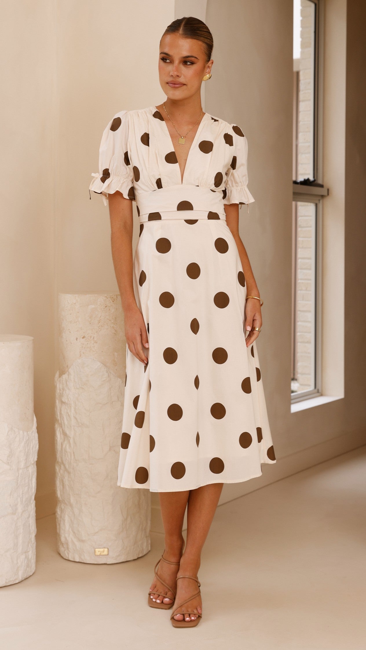 Alondra Midi Dress for Women - Elegant White & Camel Flowy Summer Dress for Casual Wear, Date Night & Beach Vacation