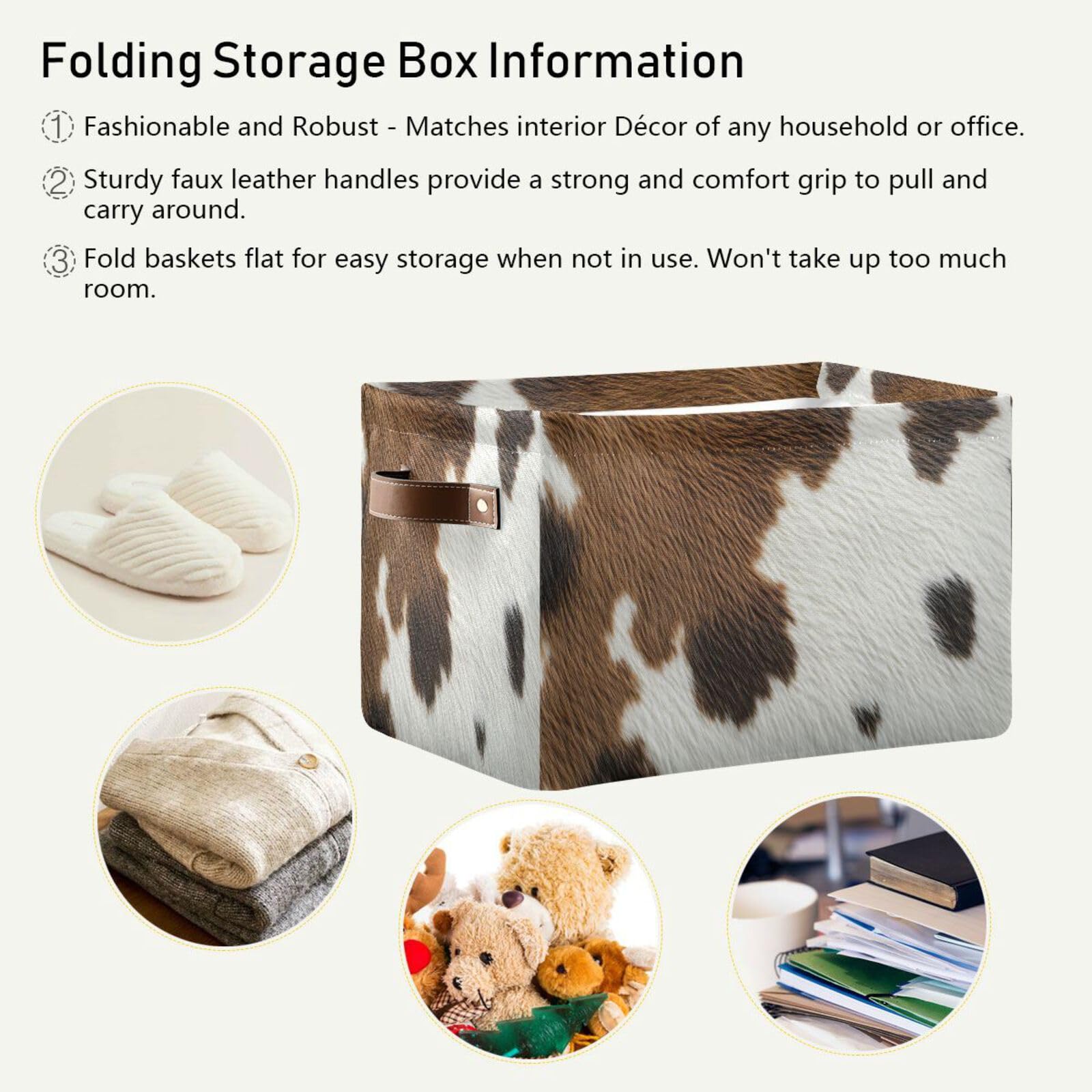**Cow Print Large Square Storage Basket Bin with Handles (2-Pack) – Foldable Multi-Functional Closet Organizer for Toys, Books, Clothes – Perfect for Nursery, Playroom & Bedroom Organization**
