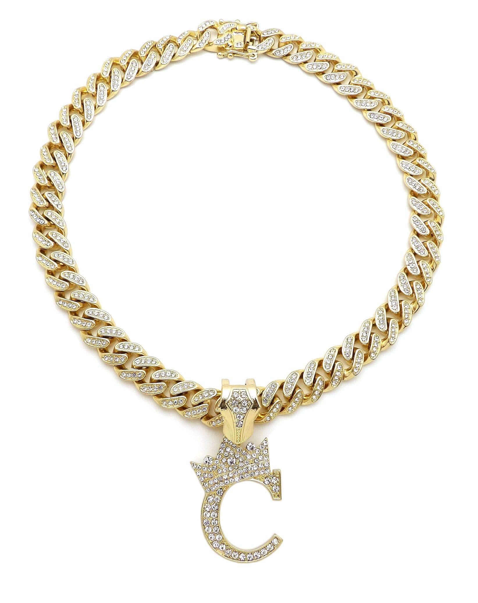 NYFASHION101 Iced Out Miami Cuban Chain Necklace with 12mm Stone Stud Crowned Initial Pendant - Perfect for Hip Hop Jewelry, Streetwear Fashion & Gift Giving