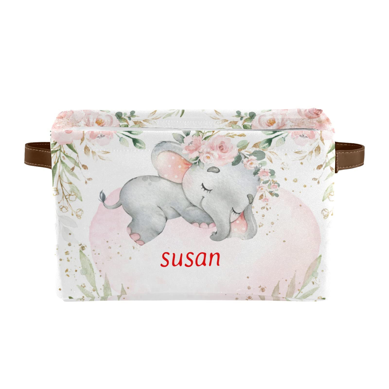 Personalized Pink Floral Elephant Storage Bins with Name - Large Fabric Storage Cube Box with Handles for Home, Office, Bedroom & Closet Organization (2-Pack) - Perfect for Kids' Room Decor, Toy Storage & Shelving Solutions