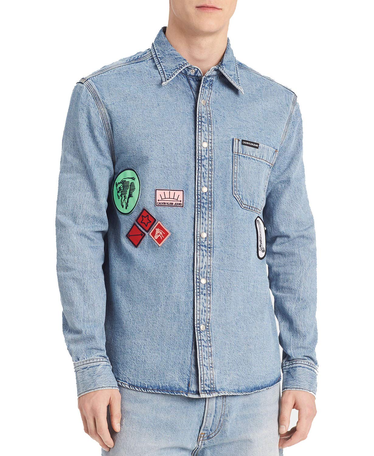 Calvin Klein Men's Blue Patch Button-Up Shirt - Large Size | Casual & Business Wear for Office, Date & Formal Events
