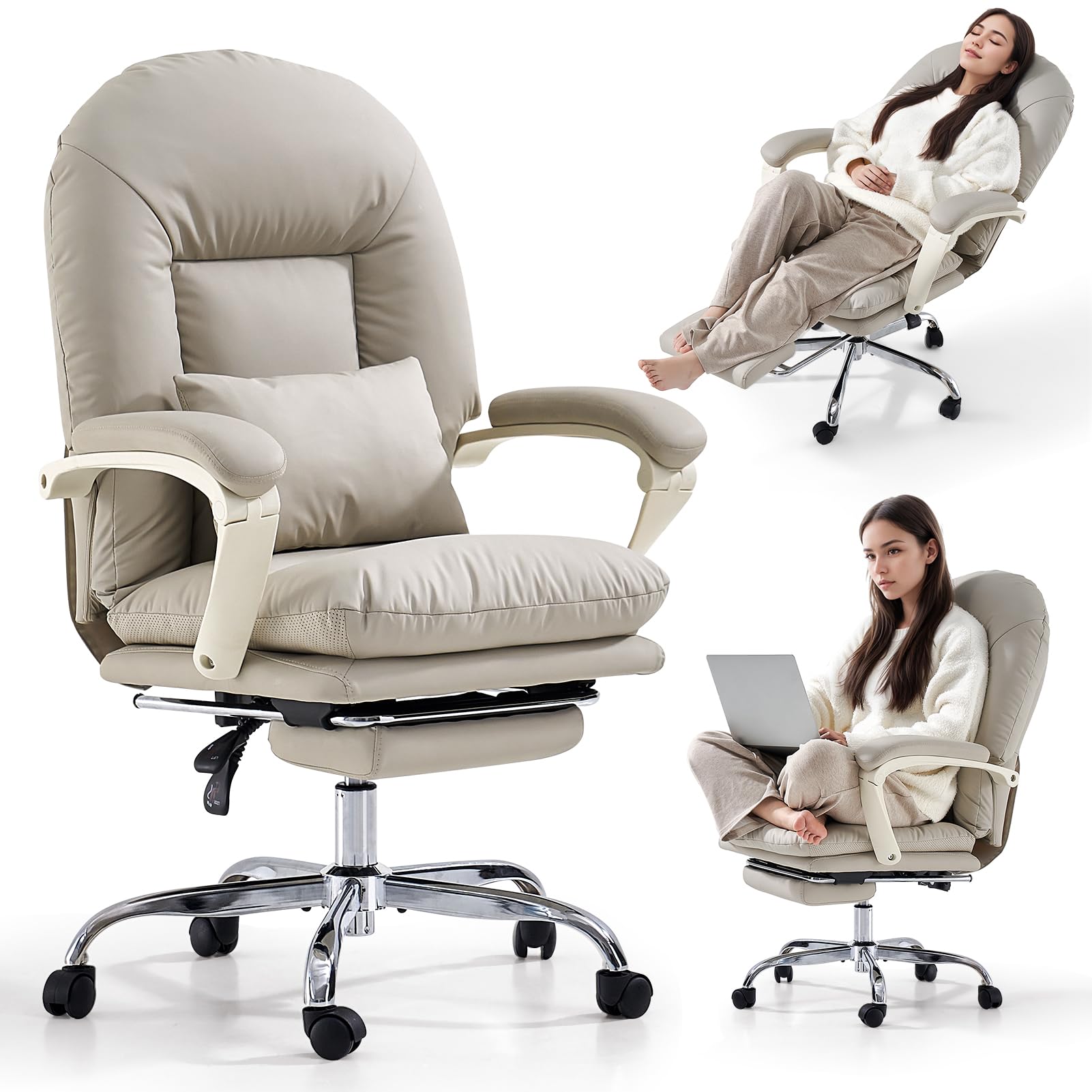 EMIAH Ergonomic Office Chair with Adjustable Footrest, Reclining Back & Lumbar Support - PU Leather Swivel Computer Chair with Wheels for Home & Executive Office - Perfect for Long Work Hours & Gaming Sessions (Beige)