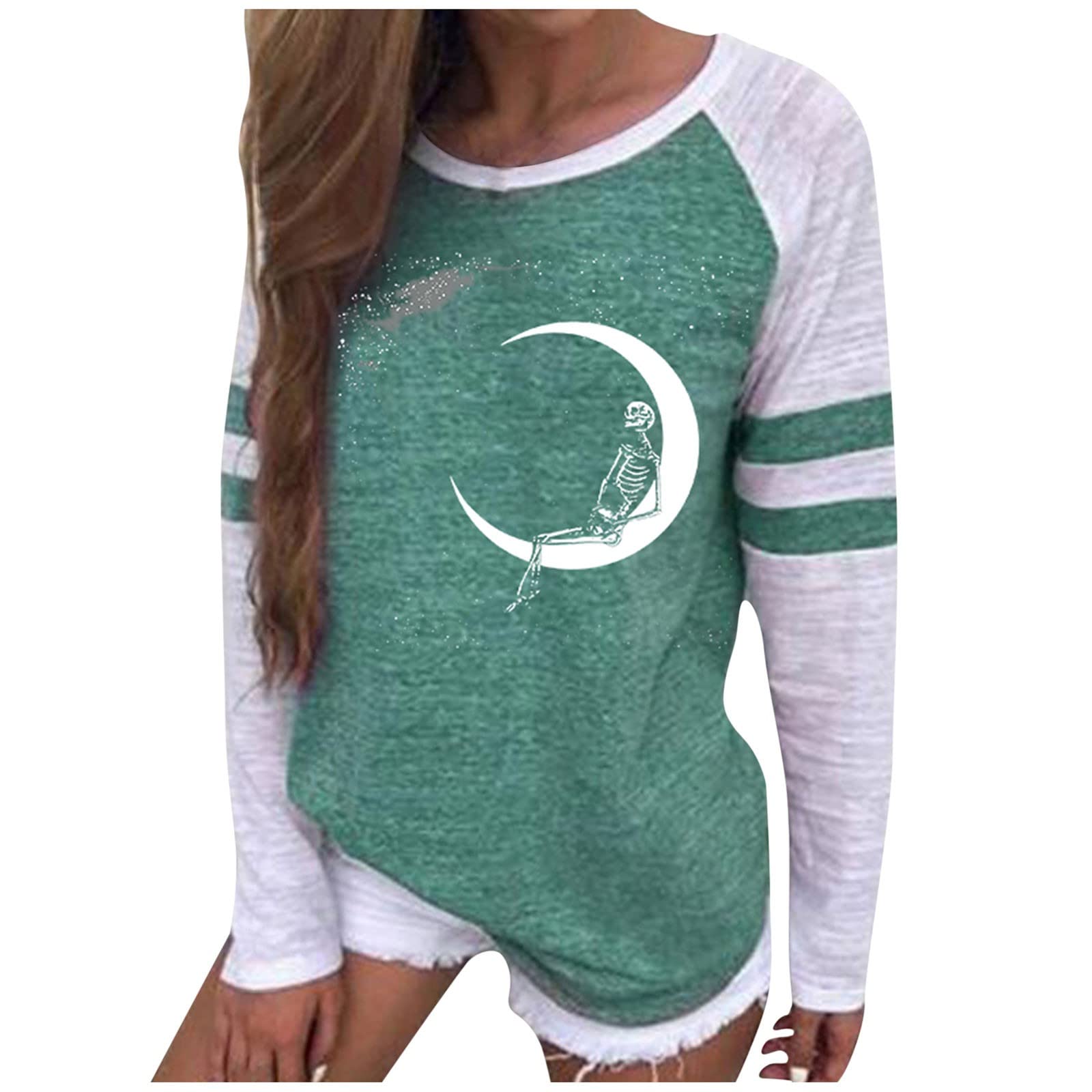 XDDLITP Women's Halloween Color Block Skeleton Print T-Shirt - Long Sleeve Crewneck Slim Fit Blouse for Costume Parties, Trick or Treating & Spooky Season Outfits