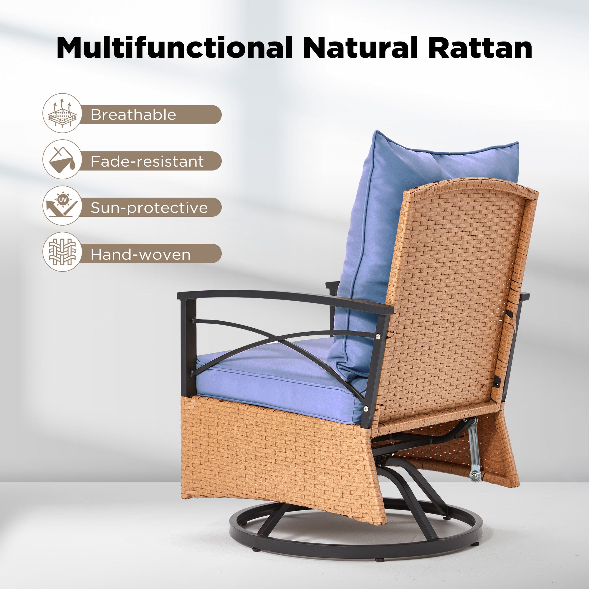 EROMMY 3-Piece Outdoor Patio Furniture Set - Swivel Rocking Chairs with Rattan Coffee Table in Blue | Perfect for Backyard, Garden & Poolside Relaxation