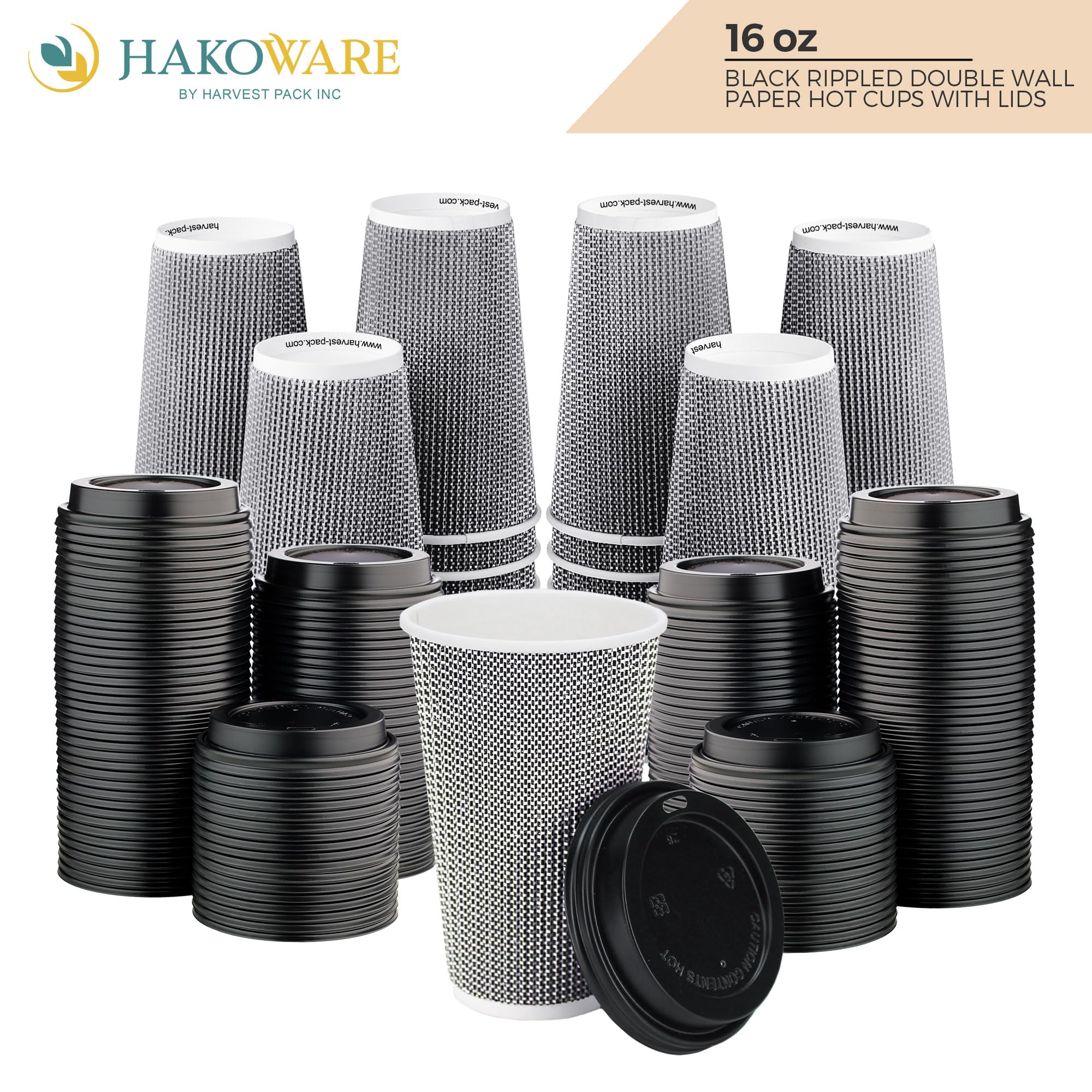 [340 SET] 16 oz Disposable Coffee Cups with Lids - Insulated Double-Walled Paper Cups, Black & White Geometric Design for Hot Beverages - Perfect for Coffee, Tea, Hot Chocolate - Ideal for Cafes, Offices, and Takeout Services
