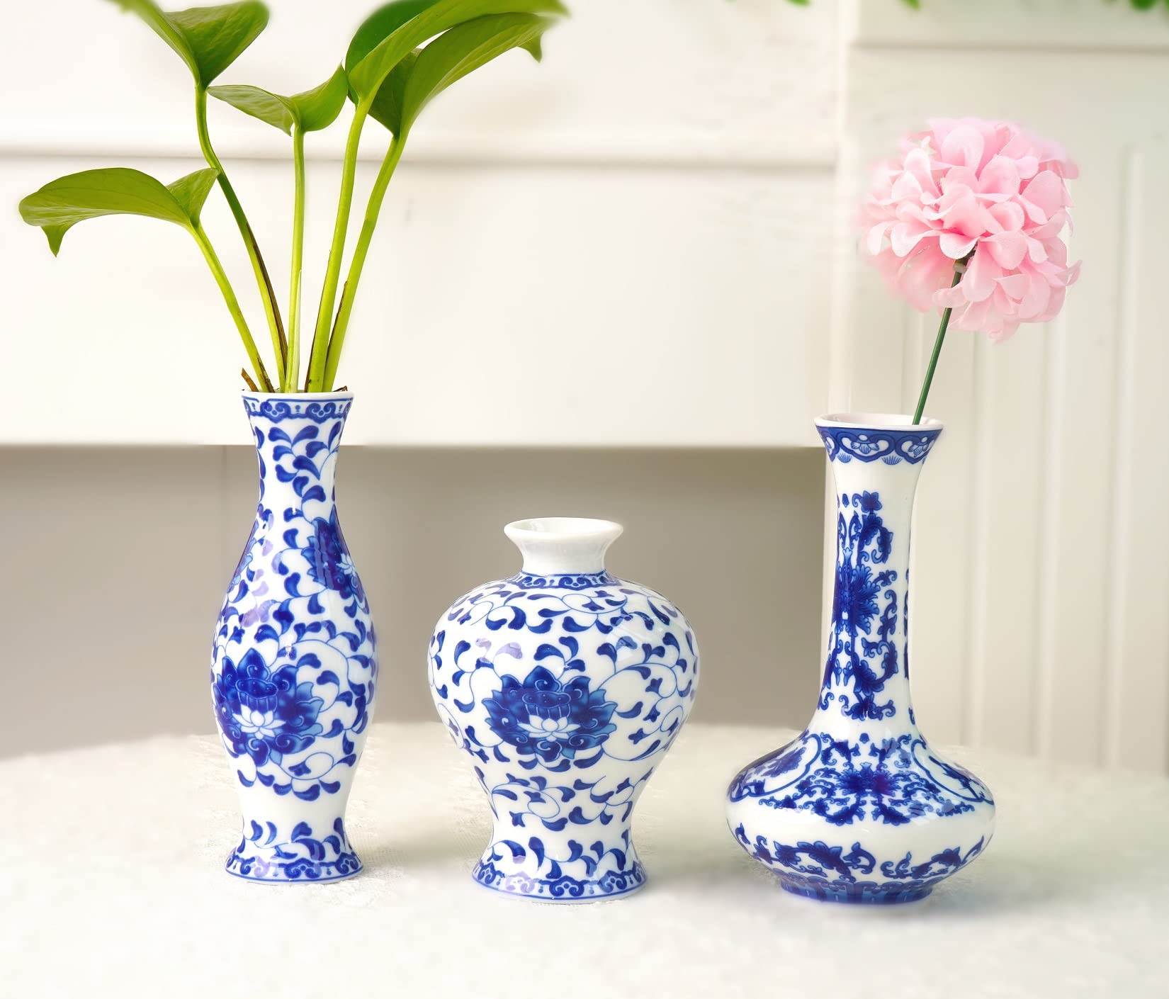 Set of 3 Small Blue & White Porcelain Vases - Fambe Glaze Ceramic Flower Vases for Home Décor, Wedding Centerpieces & Tabletop Decorations