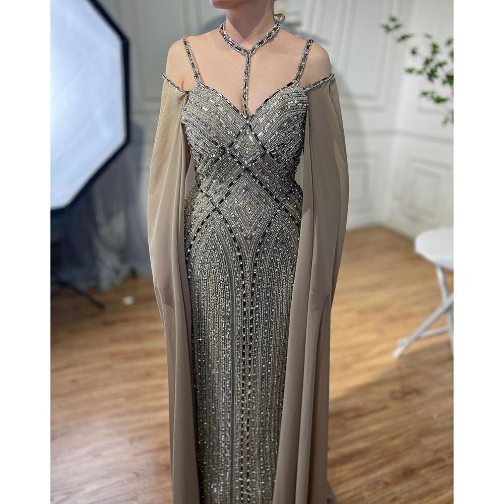 Luxury Beaded Caramel Mermaid Evening Dress with Cape Sleeves - Arabic Party Gown for Women 2025 | Serene Hill LA72053A | Perfect for Weddings, Galas & Special Occasions