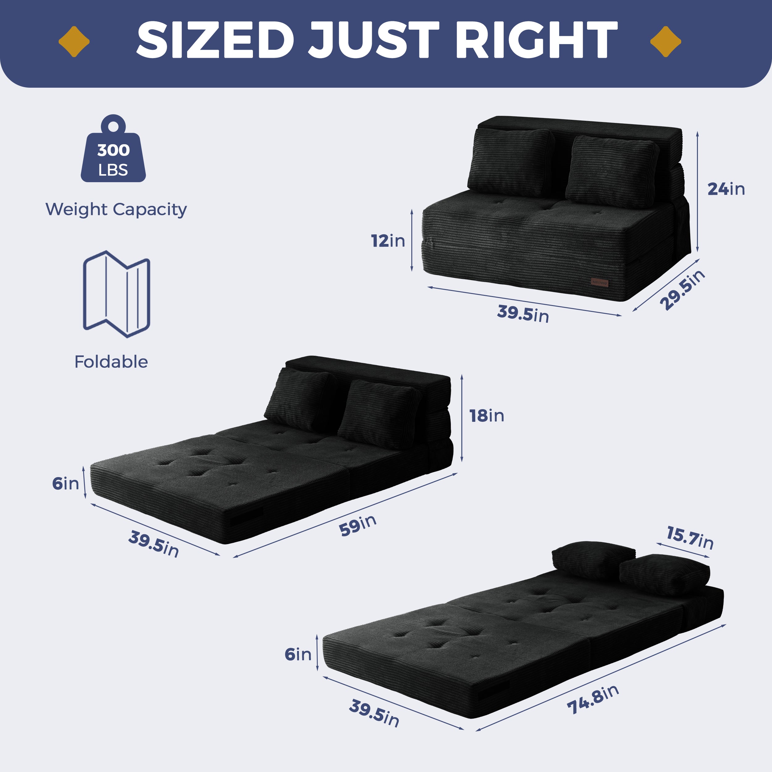 MAXYOYO 3-in-1 Convertible Sofa Bed - Fold Out Single Sleeper Sofa with Pillow, Folding Couch Bed & Foam Floor Couch for Living Room, Bedroom & Guest Room - Perfect for Small Spaces, Overnight Guests & Lounge Relaxation - Black