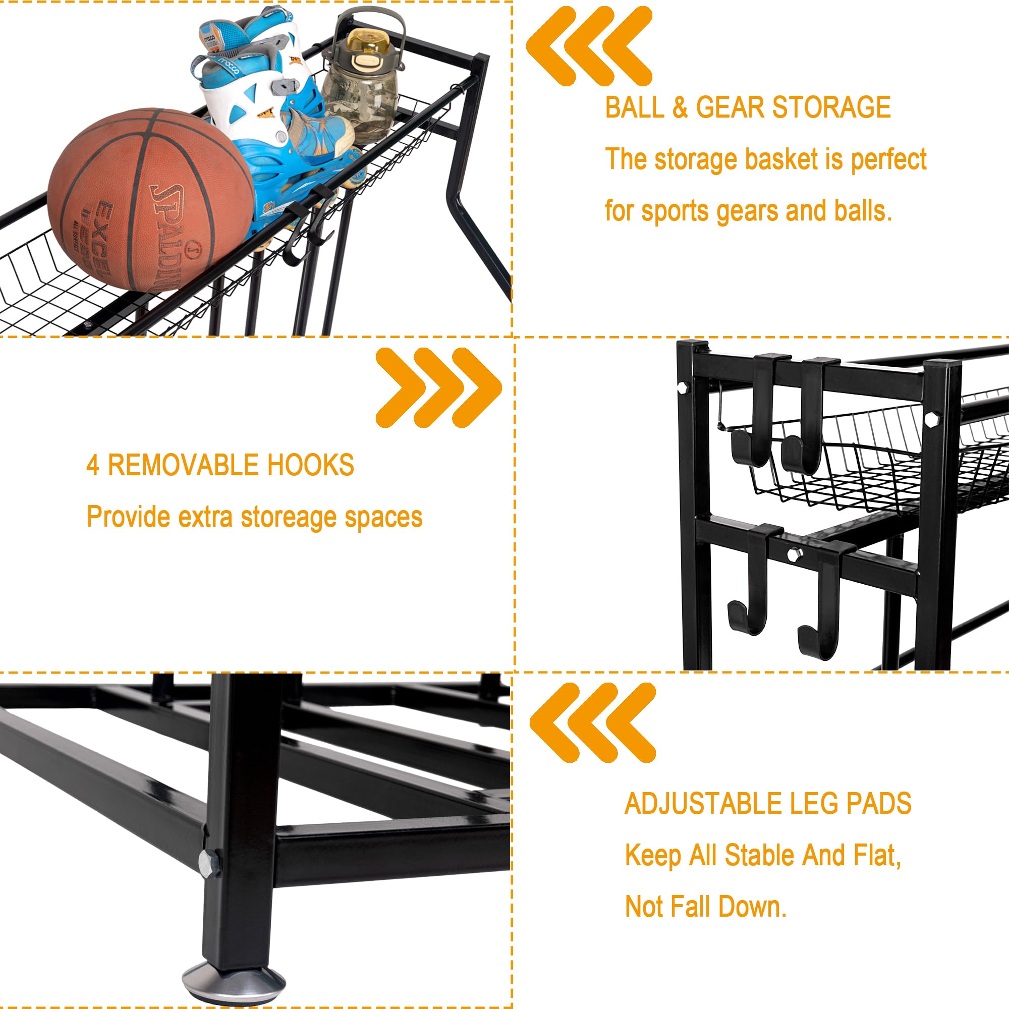 **Heavy Duty 4 Bike Rack Garage Stand - Adjustable Black Metal Floor Storage with Basket & Hooks - Fits 3