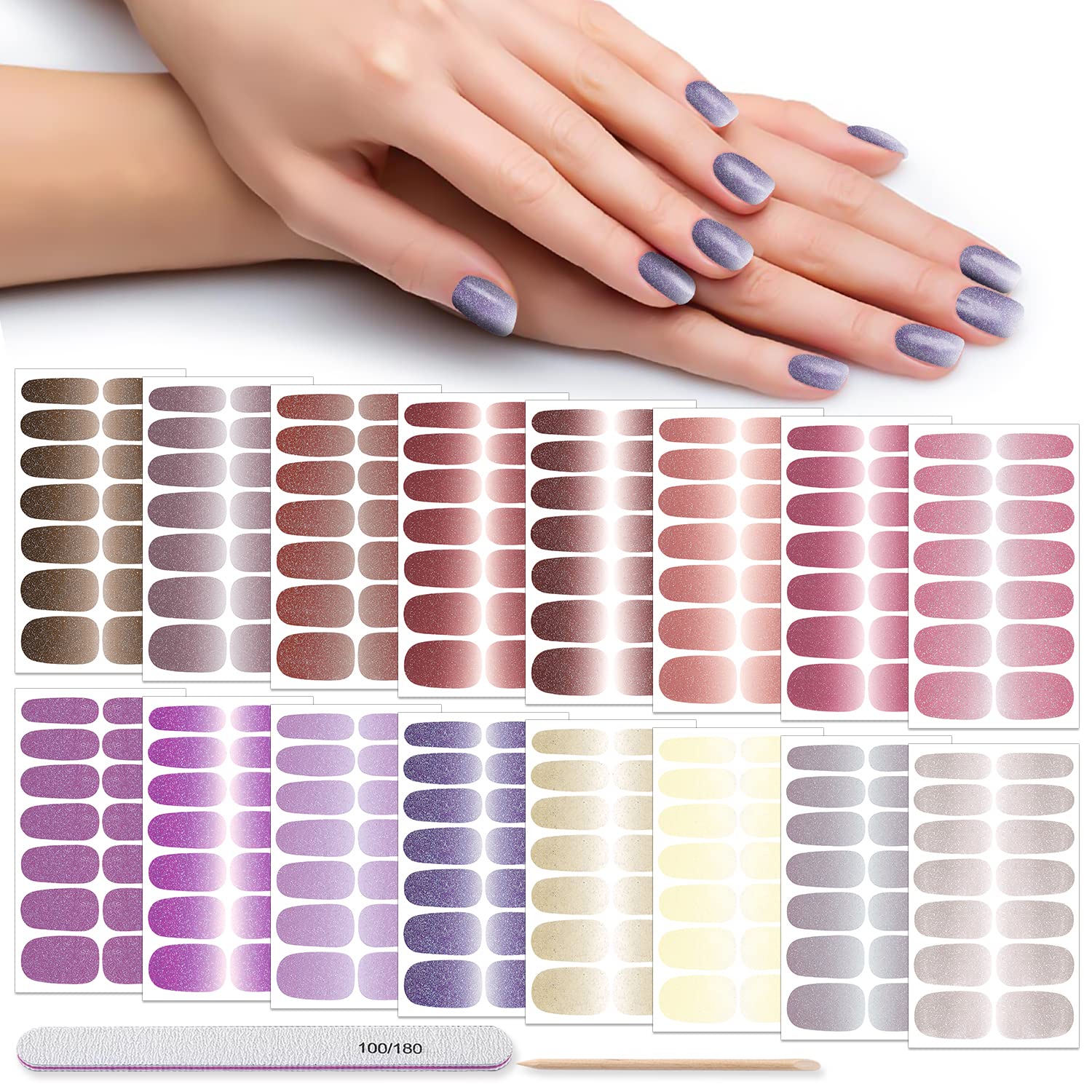 DANNEASY 16 Sheets Self-Adhesive Nail Polish Strips | Full Nail Wraps & Stickers for Women | Gradient Glitter Nail Art Kit with Nail File & Cuticle Stick | Perfect for Parties, Weddings & Everyday Manicures