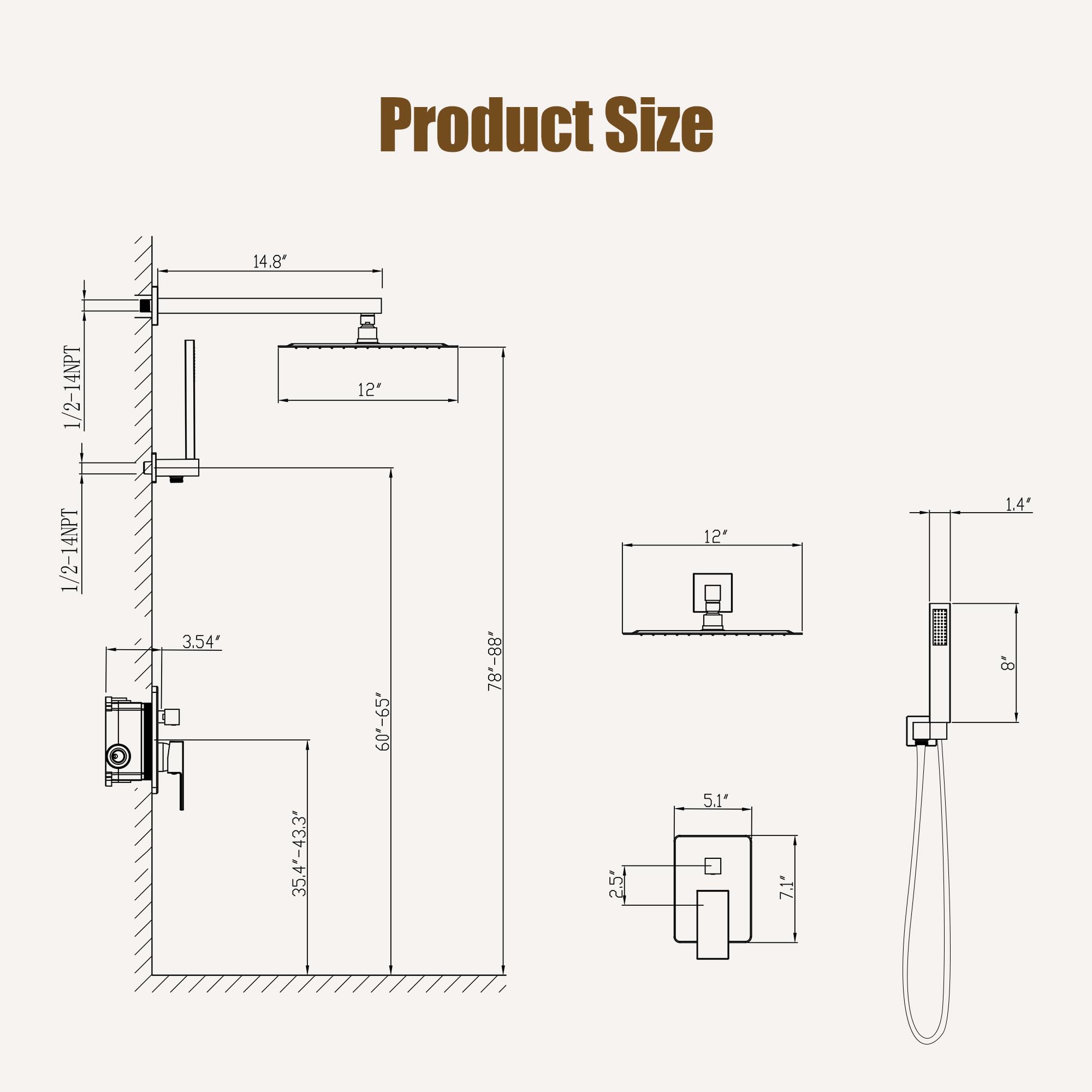 ESNBIA 12 Inch Gold Shower System - Pressure Balance Shower Valve with High Pressure Gold Shower Head & Handle Set - Wall Mounted Brushed Gold Bathroom Fixtures for Luxury Spa Experience at Home