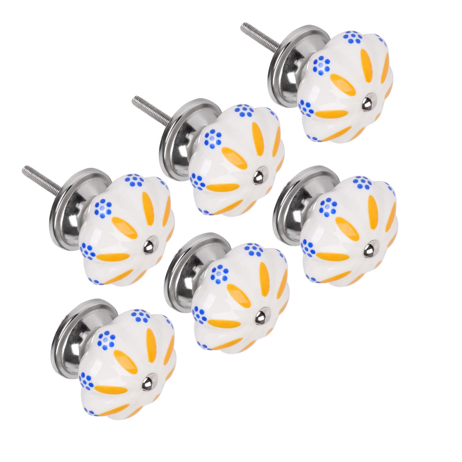 Handmade Floral Ceramic Drawer Knobs - White & Yellow Gazania Pattern Cabinet Hardware (Set of 6) | Vintage Dresser Pulls for Bedroom Furniture, Kitchen Cabinets & Closet Doors