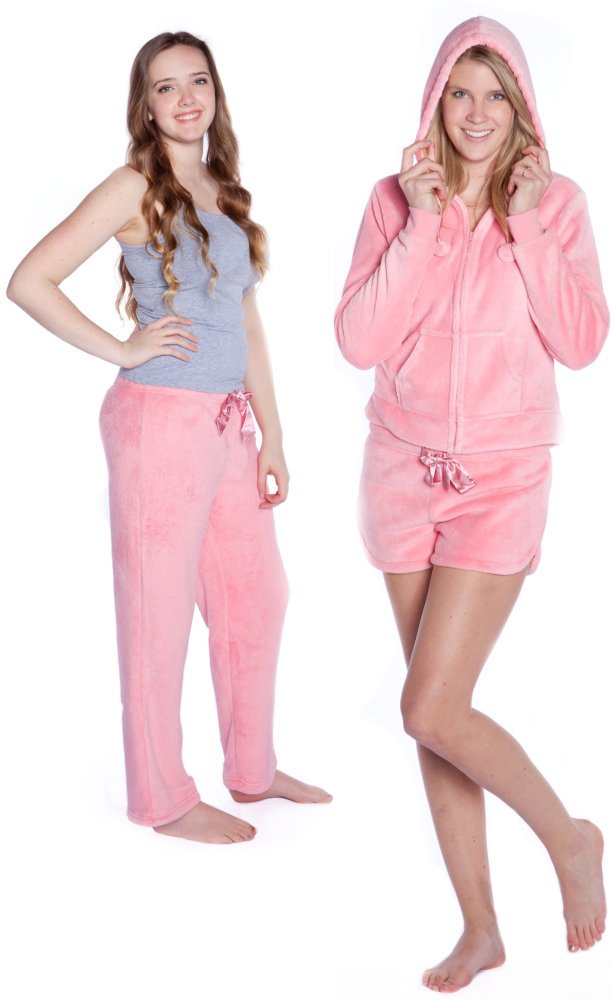 Cozy Pink Plush Zip Up Hoodie with Shorts & Matching Pajama Pants - Women's Loungewear Set for Sleepwear, Home Relaxation & Casual Outfits