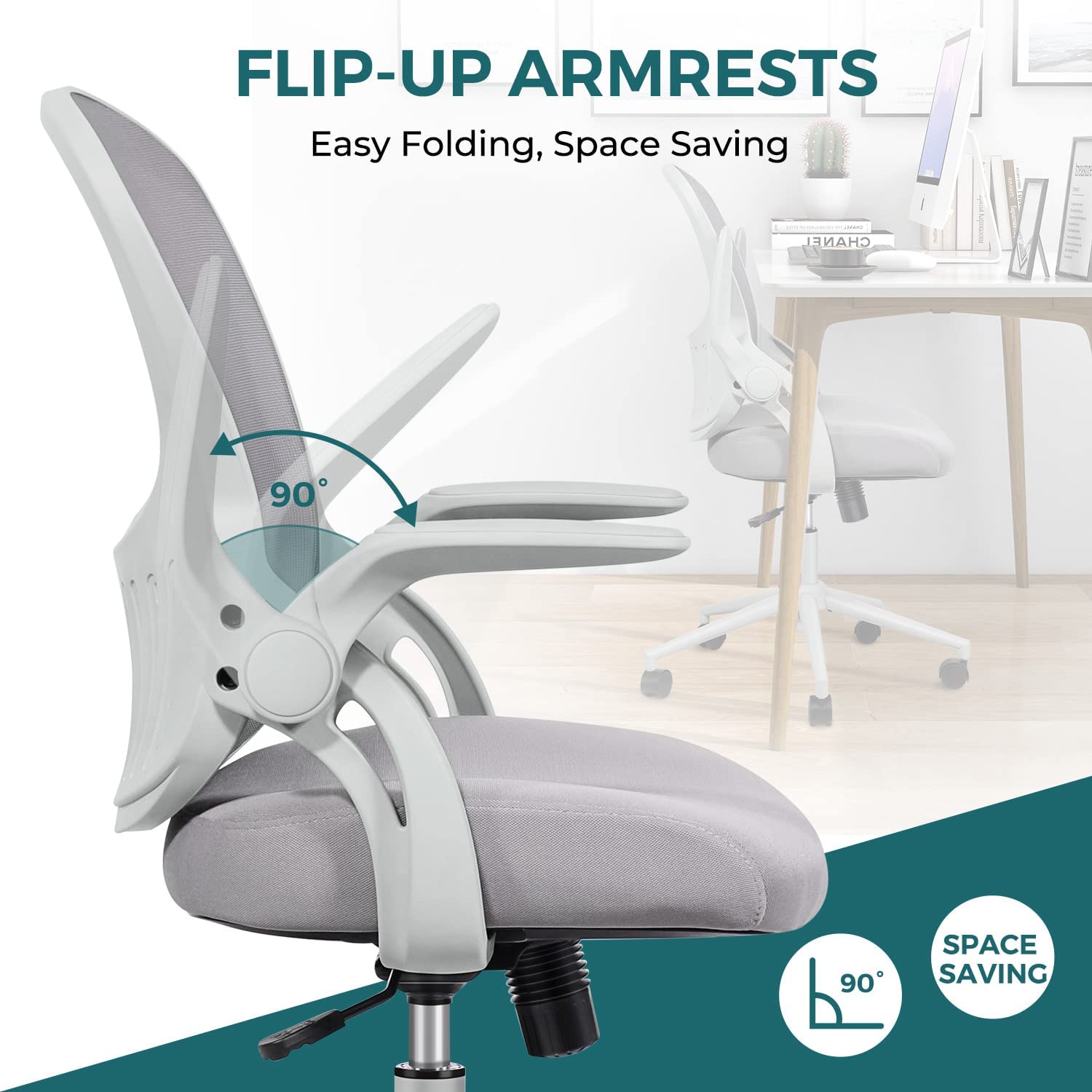 Ergonomic Mesh Office Chair with Lumbar Support - Adjustable Mid-Back Computer Gaming Desk Chair with Flip-Up Arms & Wheels for Home Office, Study Room, Bedroom - Comfortable Swivel Task Chair for Adults & Students (Grey) - Perfect for Long Work Hours, Online Classes & Gaming Sessions