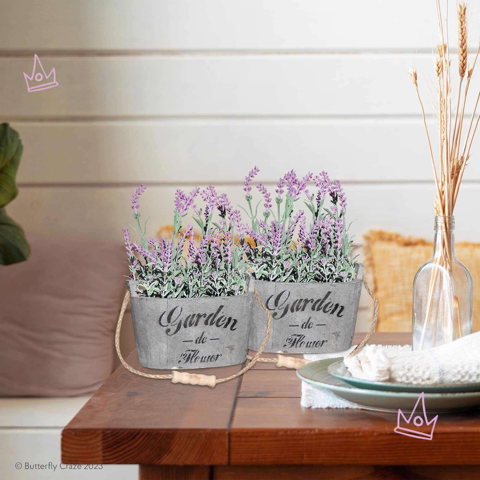 Lifelike Artificial Lavender Plants in Rustic Wooden Planters - Set of 2 Faux Silk Purple Flowers for Home, Office & Patio Decor - Perfect for Wedding Centerpieces, Farmhouse Style Decor & Gift Giving