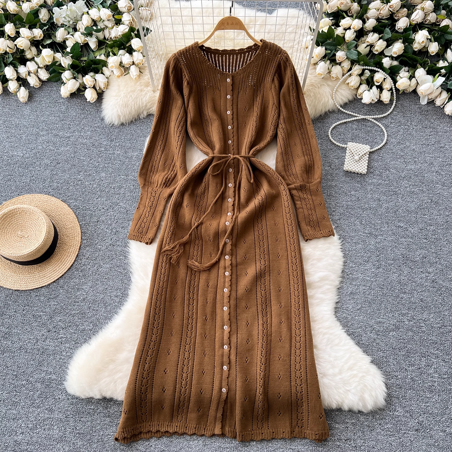 Women's Autumn Winter Knitted Sweater Dress with Sweet Hollow Lantern Sleeves - L15 Size - Perfect for Holiday Parties, Office Wear & Casual Outings