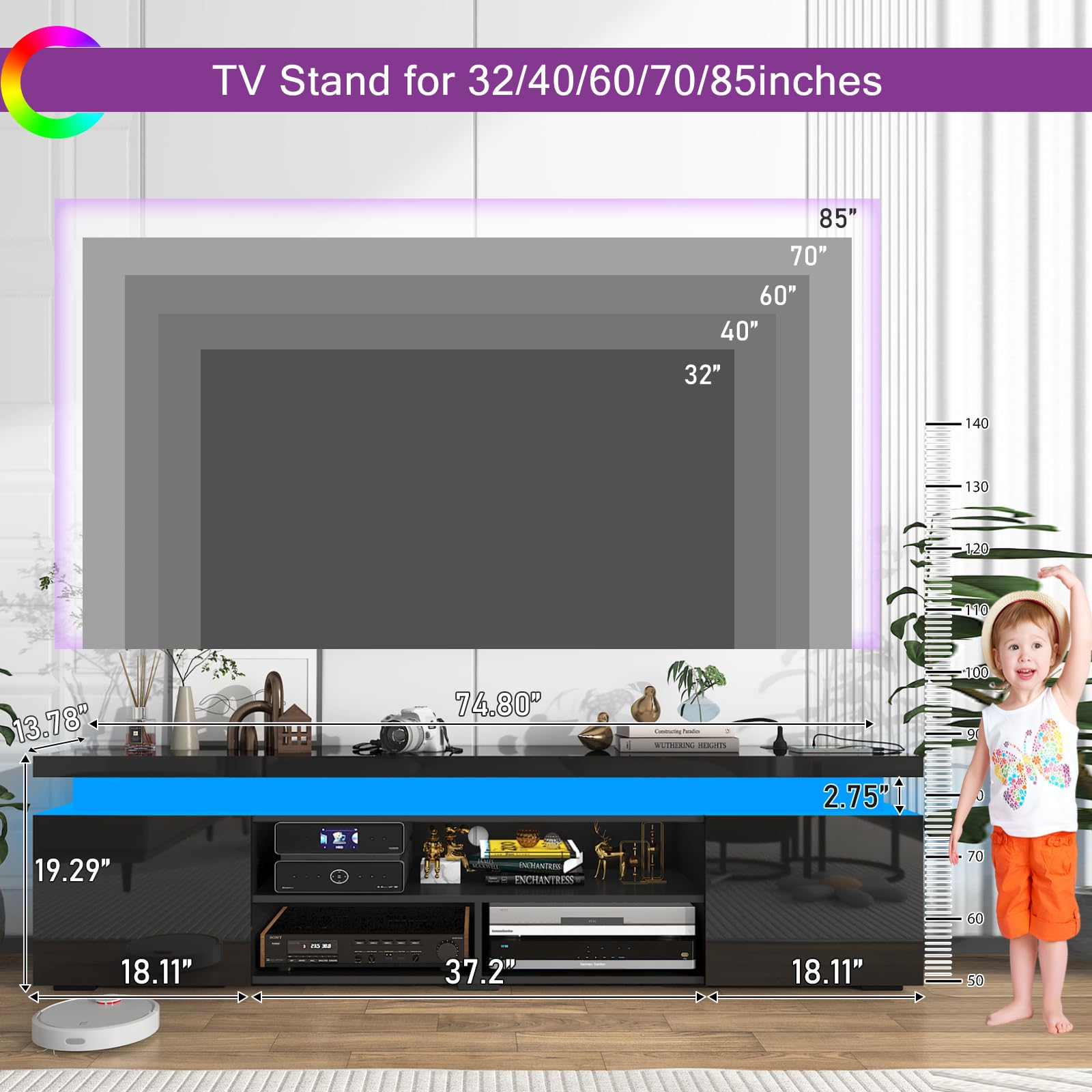 85 Inch LED TV Stand with Power Outlet - Modern High Gloss Entertainment Center with Storage & LED Lights - TV Console for Living Room & Bedroom (74 Inch, Black) UDKSE1883 - Perfect for Home Theater Setup & Stylish Room Decor