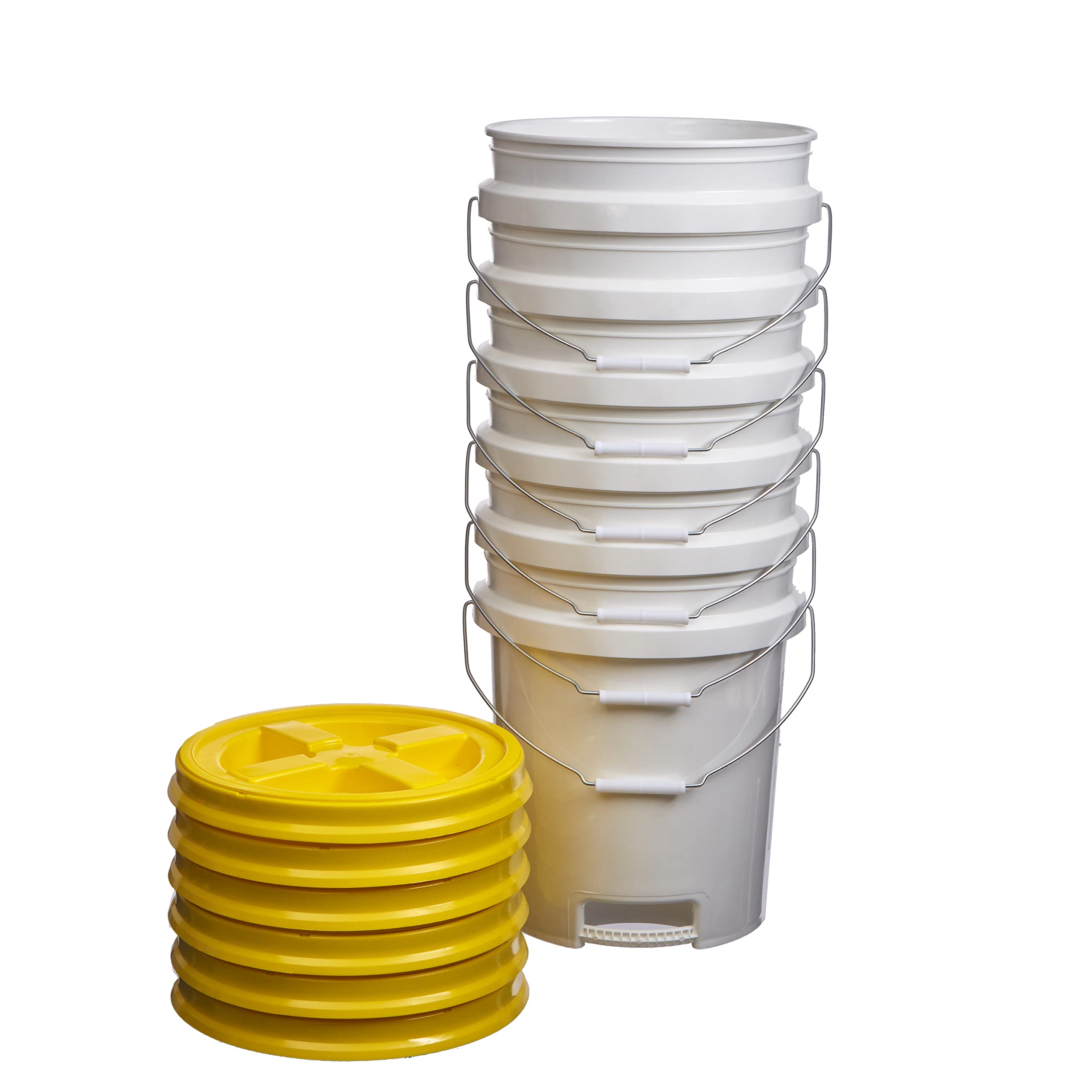 5 Gallon White Food Grade Buckets with Gamma Seal Lids - BPA Free HDPE Storage Pails with Bottom Grip Handle | Durable Made in USA Containers (6-Pack, Yellow Lids) for Food Storage, Home Organization & DIY Projects