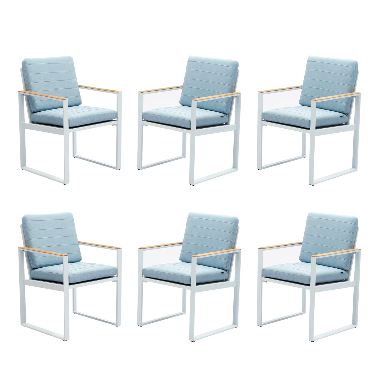6-Piece Outdoor Dining Chair Set with Seat Cushions - Aluminum Patio Furniture with Teak Armrests for Garden, Backyard, Poolside - White Frame - Weather-Resistant & Comfortable Outdoor Seating