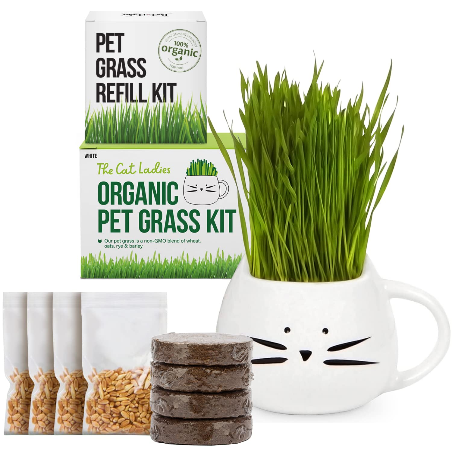TCL White Ceramic Cat Mug with Cat Grass Growing Kit & Refill - Perfect for Pet Lovers, Office Desk Decor, and Indoor Gardening Gifts