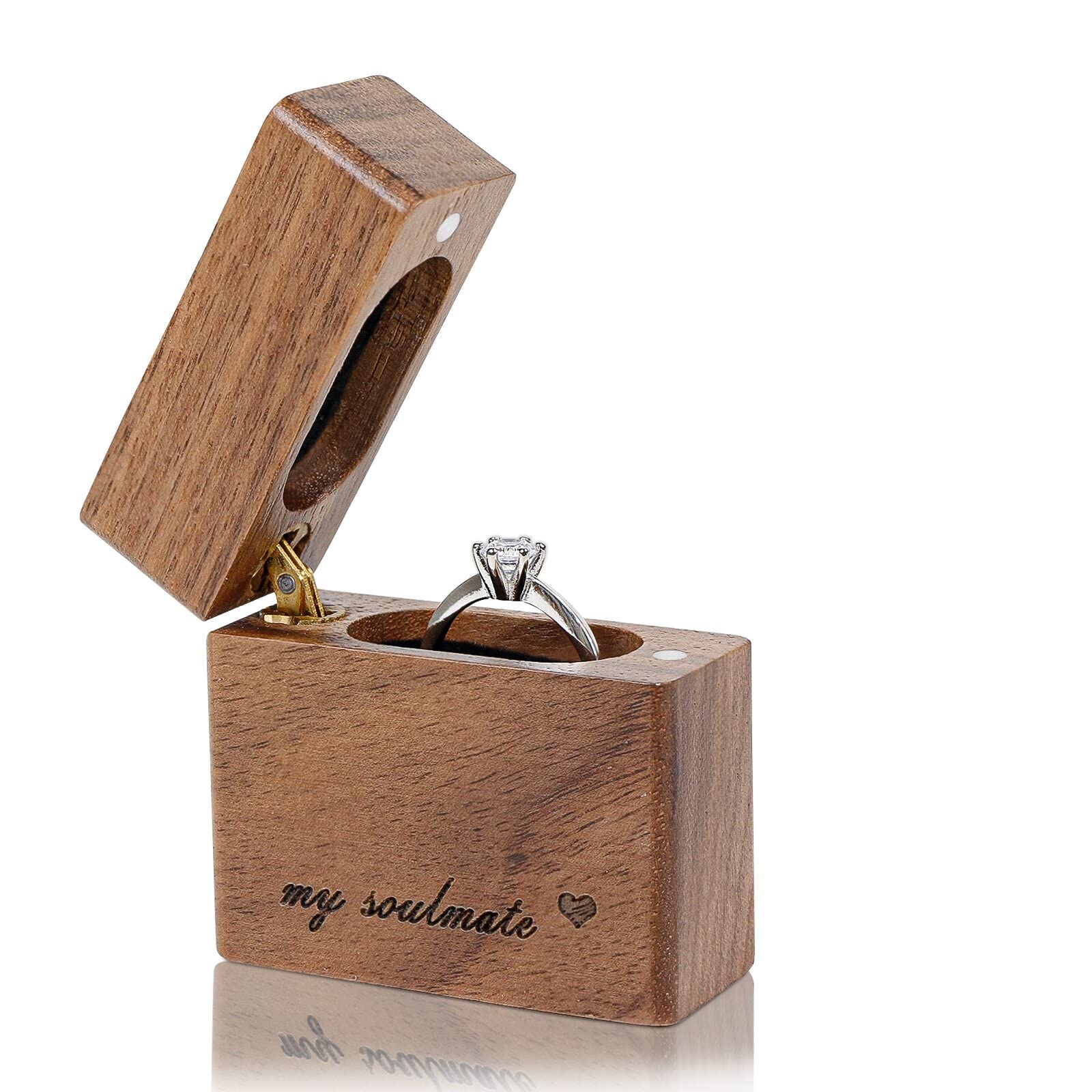 UI U & I Wooden Engagement Ring Box - Small Slim Flat Ring Case for Proposal, Wedding, Anniversary - Perfect for Romantic Surprises & Jewelry Storage