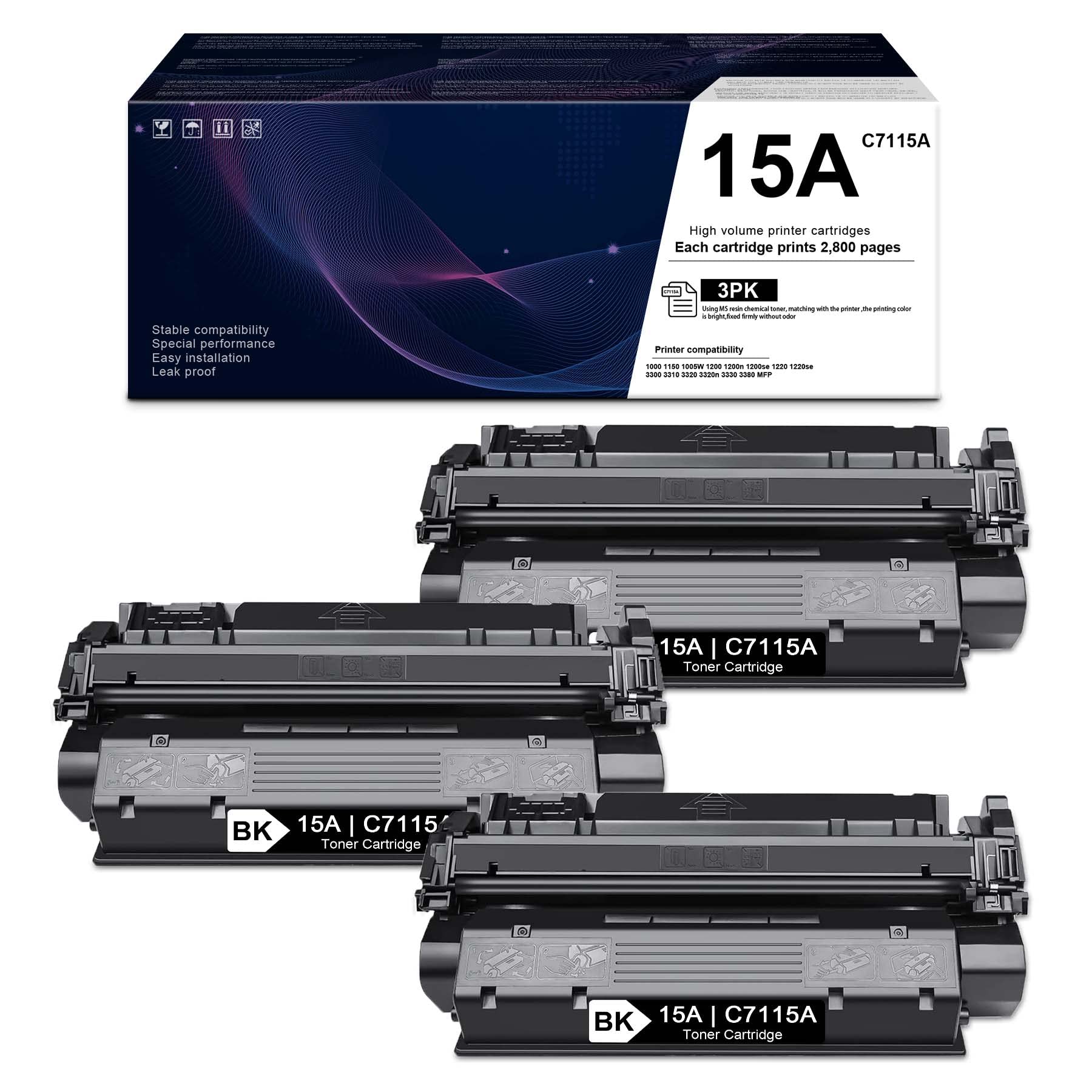 SAOUOT 3-Pack Black 15A C7115A Compatible Toner Cartridge Replacement for HP 1000/1150/1005W/3300/3310/3320/3320n/3330/3380 MFP Printers - High Yield Printing for Office & Home Use