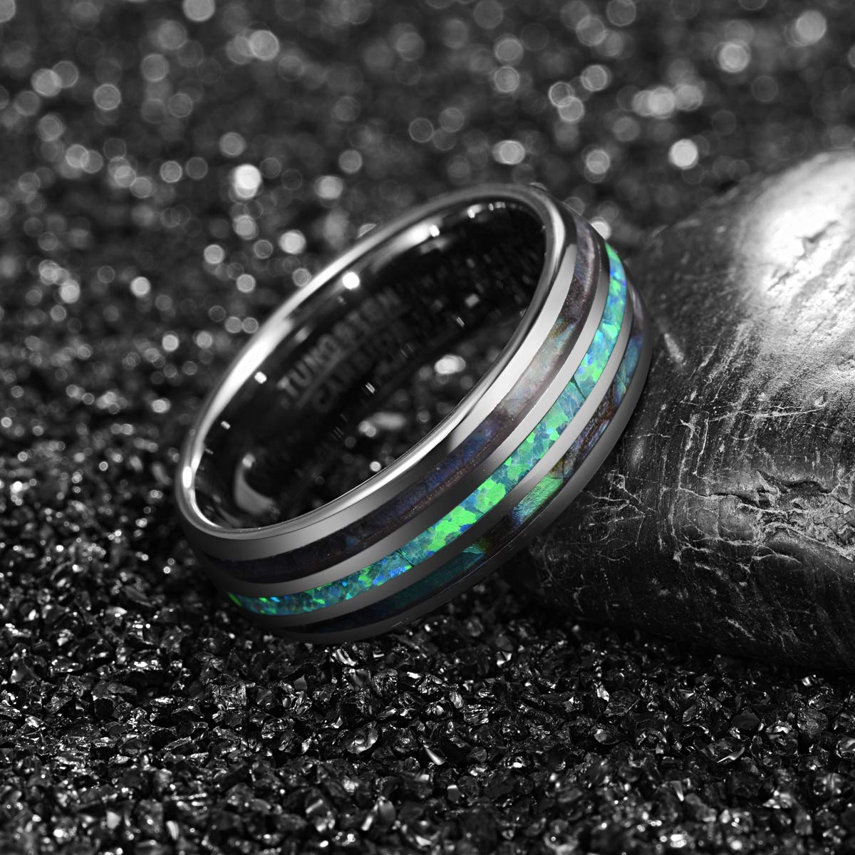 Men's Tungsten Wedding Band - 8mm Comfort Fit Ring with Genuine Blue/Green Opal & Abalone Shell Inlay - Size 7-12 - Durable Tungsten Carbide Engagement Ring for Men - Perfect for Weddings, Anniversaries, and Everyday Wear