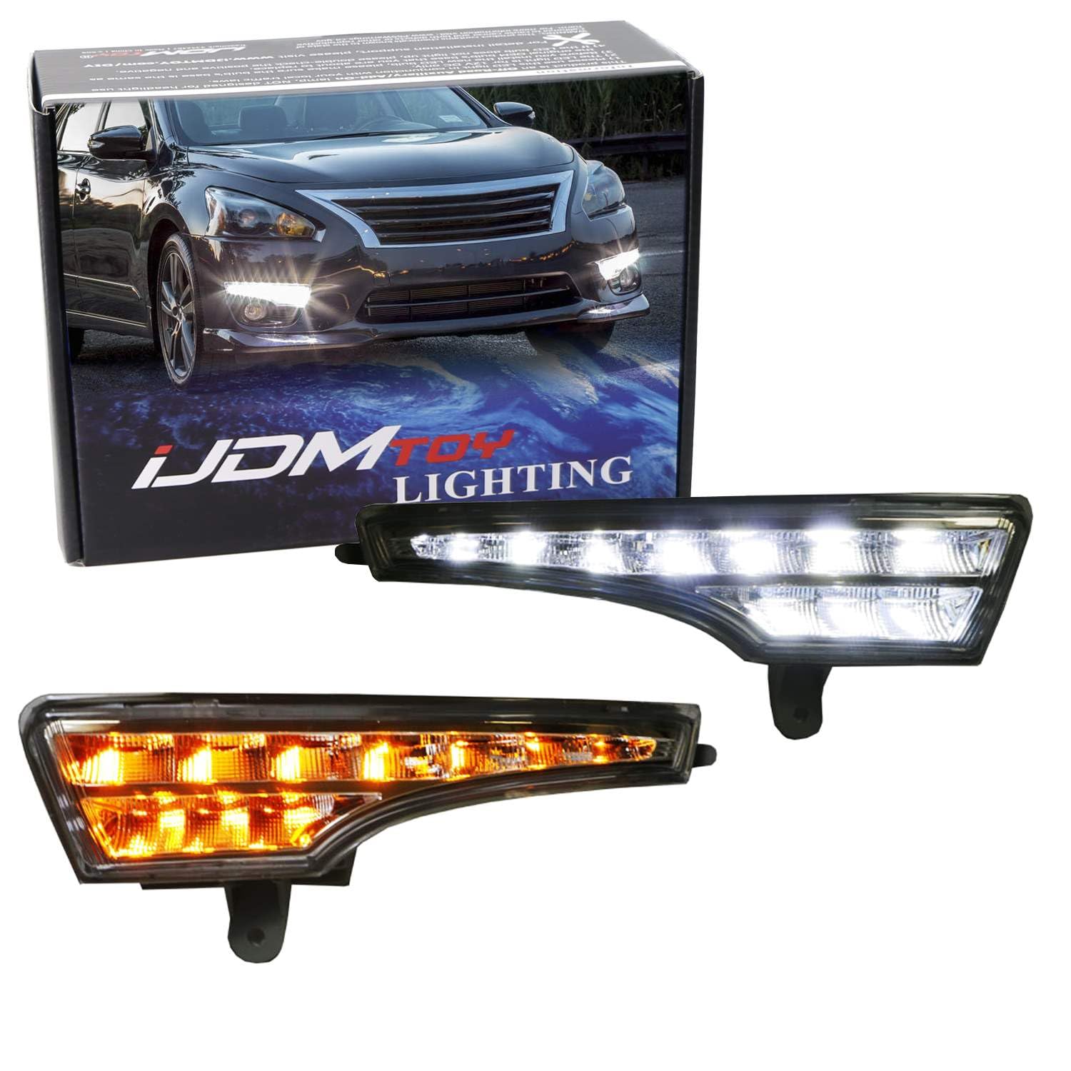 iJDMTOY LED Daytime Running Lights Assembly for 2013-2015 Nissan Altima Sedan - High Power DRL with 10 Xenon White & 10 Amber Yellow LEDs - Perfect Fit Replacement - Enhance Visibility & Safety for Daily Commute & Night Driving