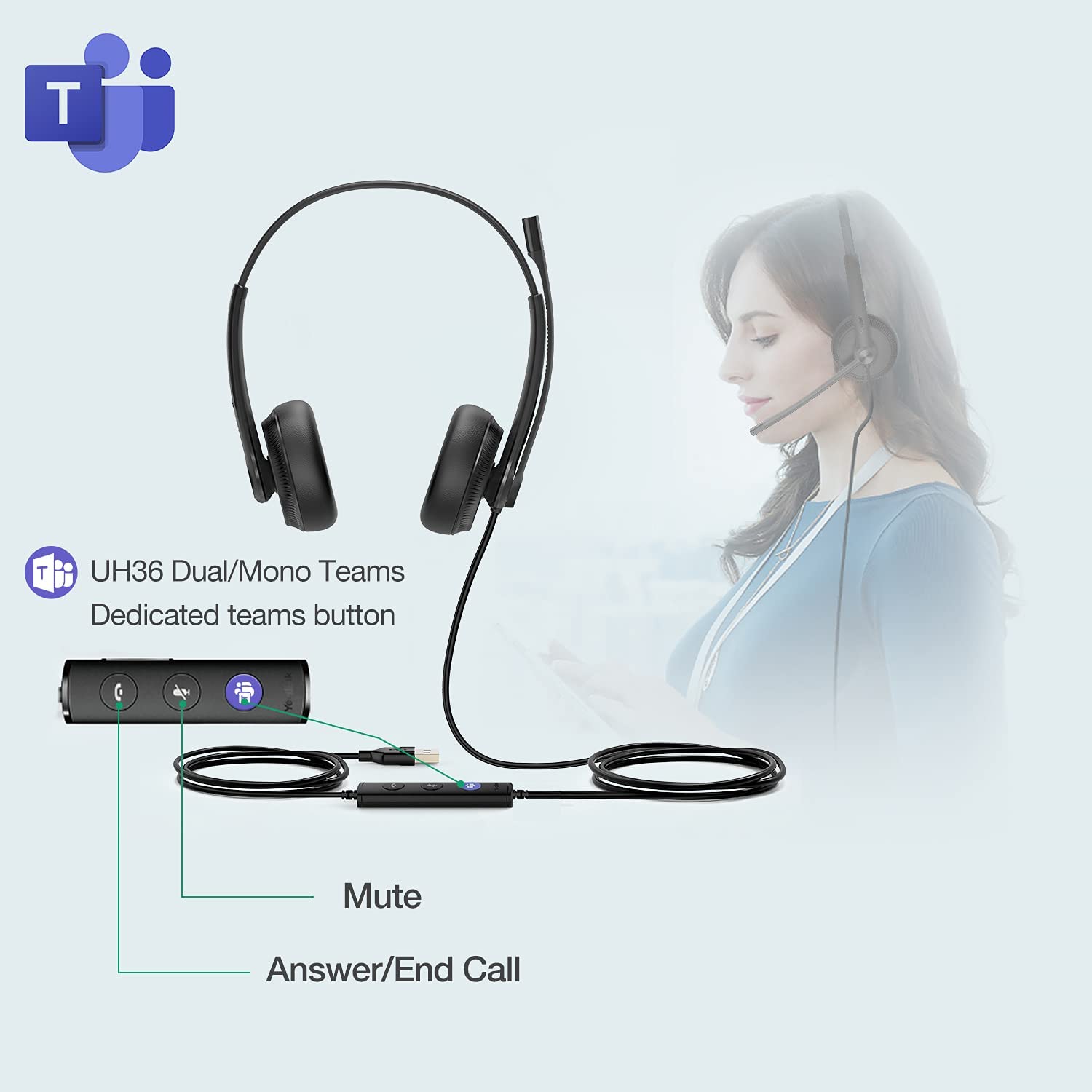 Yealink UH34 USB Headset with Noise Cancelling Microphone - Certified for Teams & Zoom - Lightweight 118g Wired Computer Headset with Soft Ear Cushions & Teams Button - Perfect for Remote Work, Online Meetings & Call Centers