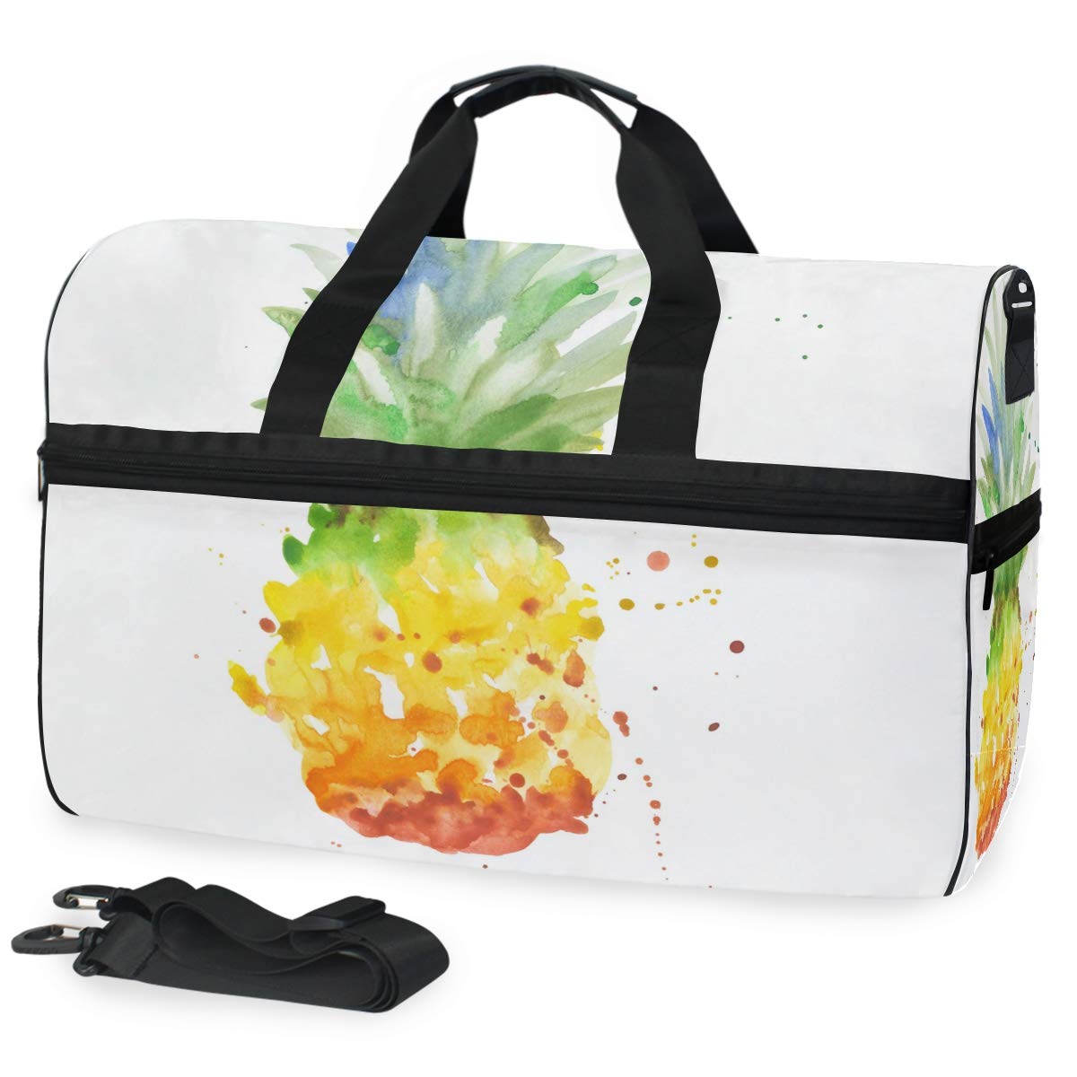 Waterproof Pineapple Print Travel Duffel Bag for Women & Men - Gym Sports Duffel with Shoe Compartment - Perfect for Workout, Weekend Trips & Overnight Travel