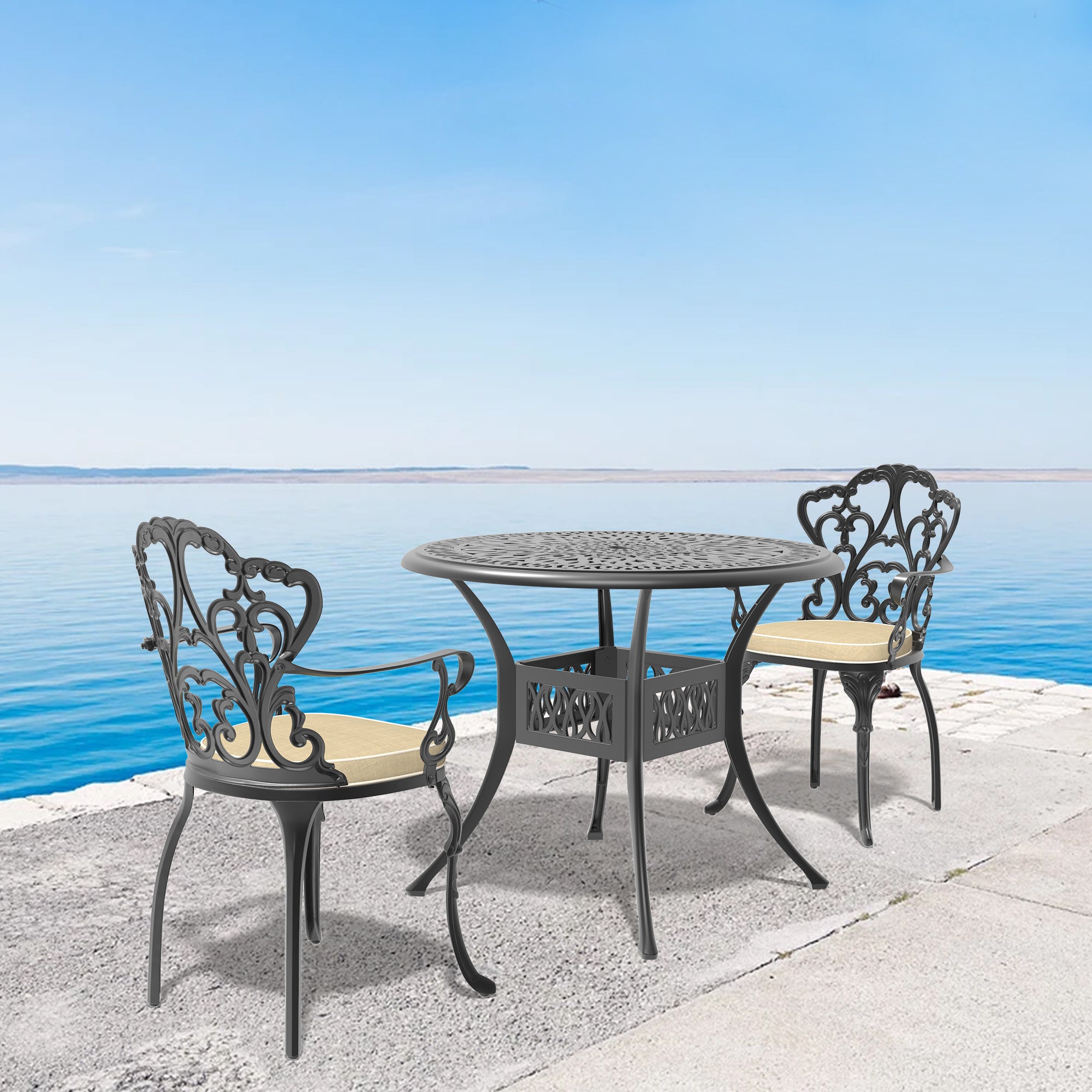 3-Piece Cast Aluminum Patio Furniture Set with Cushions (Random Colors) - Outdoor Garden, Poolside & Backyard Lounge Seating