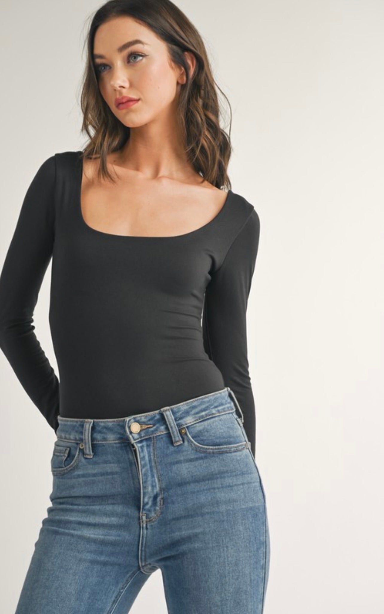 Black Self Double Scoop Neck Long Sleeve Bodysuit for Women - Slim Fit Stretchy Bodycon Jumpsuit for Layering, Night Out, or Casual Wear