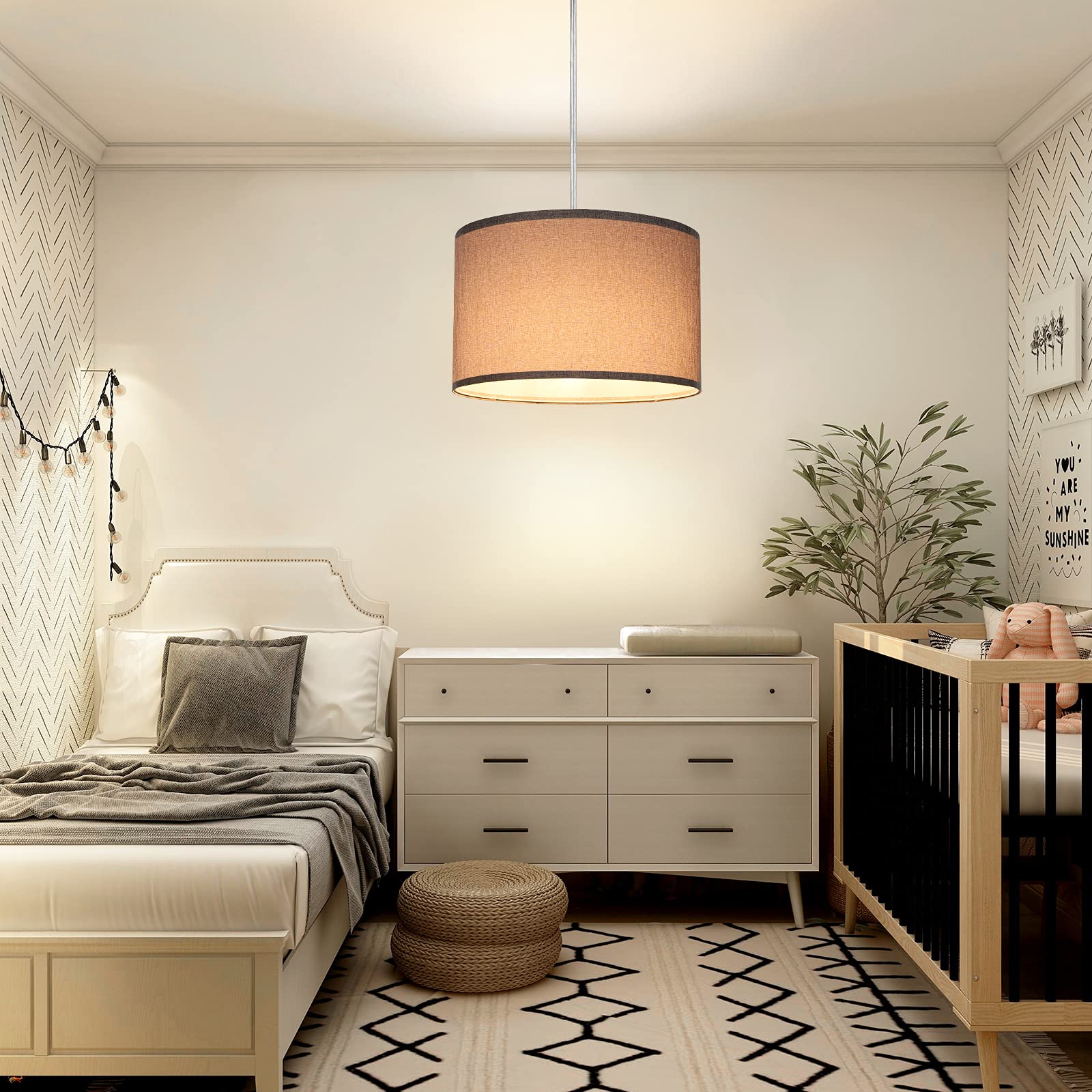 DEWENWILS Plug-in Wall Light with 15ft Clear Cord - Gray Fabric Lampshade Hanging Lamp with On/Off Switch - Perfect for Bedroom, Kitchen, Living Room & Dining Room Lighting Decor