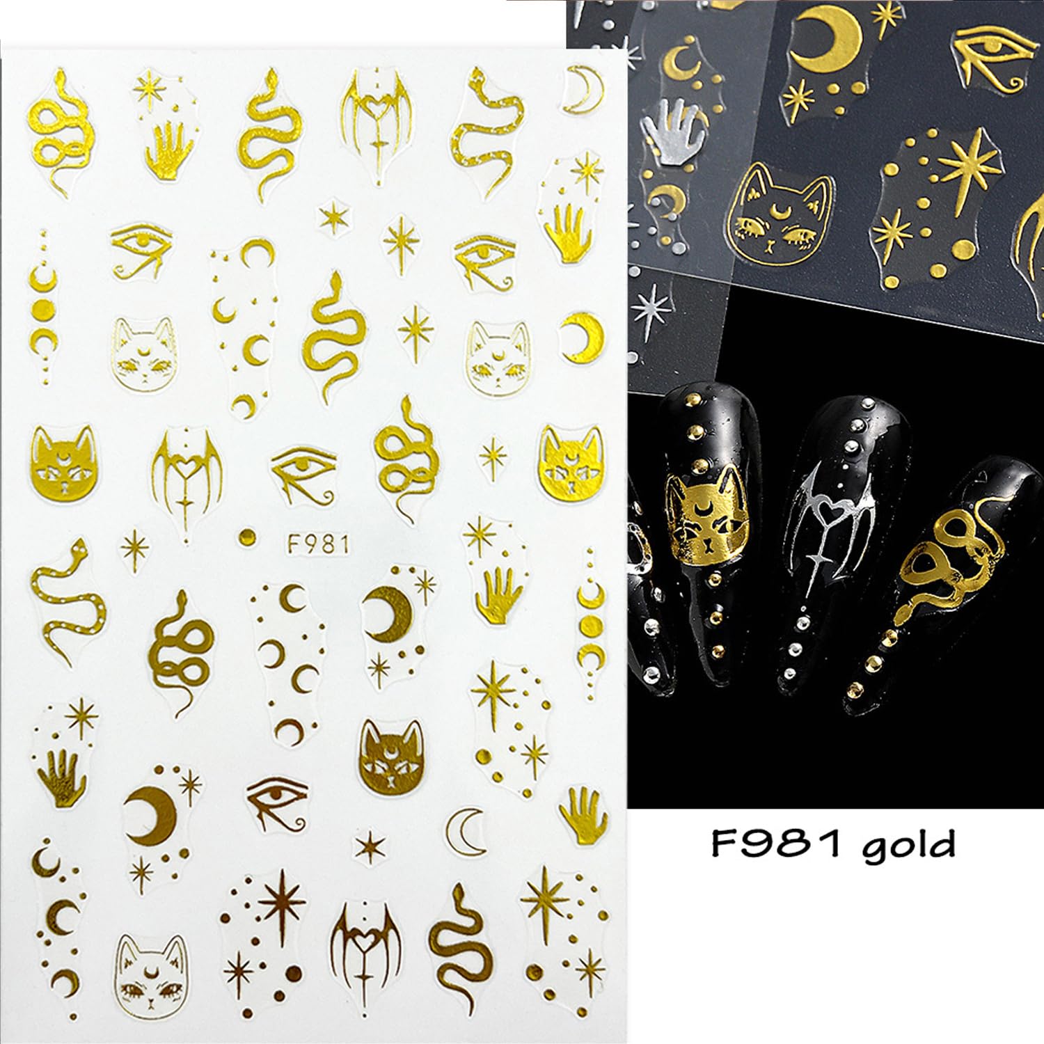 8 Sheets Gold Star Moon 3D Nail Art Stickers - Self-Adhesive Snake & Sun Eye Nail Decals with Various Patterns for Women DIY Manicure | Perfect for Parties, Weddings, and Special Occasion Nail Decorations