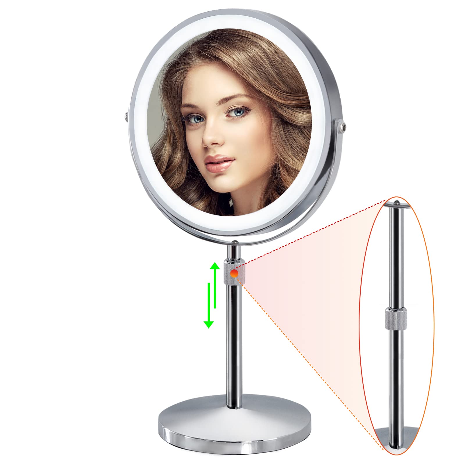 Furgatti 8 Inch Lighted Makeup Mirror with 3 Color LED Lights & Touch Control - 4000mAh Battery, Adjustable Height, 1x/10x Magnification - Perfect for Vanity Table, Home Makeup Studio & Travel (Silver) - Ideal Gift for Women