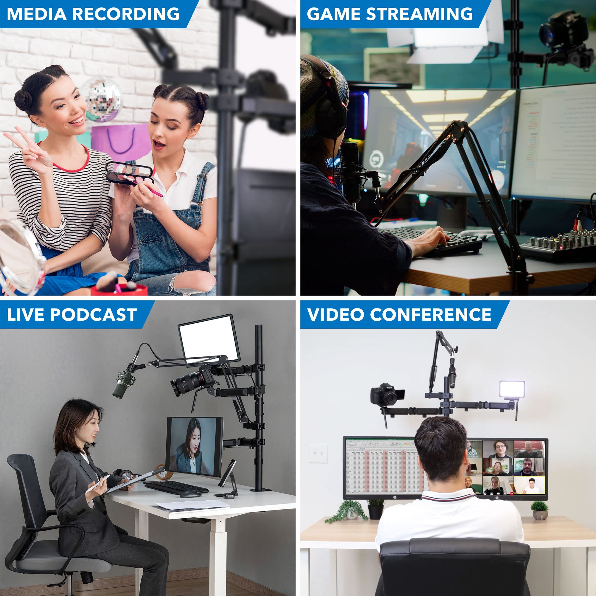 Mount-It! All-in-One Live Streaming Kit - 4 Arm Desk Mount for Monitor, Webcam & Ring Light with Microphone Stand - Perfect YouTube & Facebook Recording Setup for Gamers, Podcasters & Content Creators
