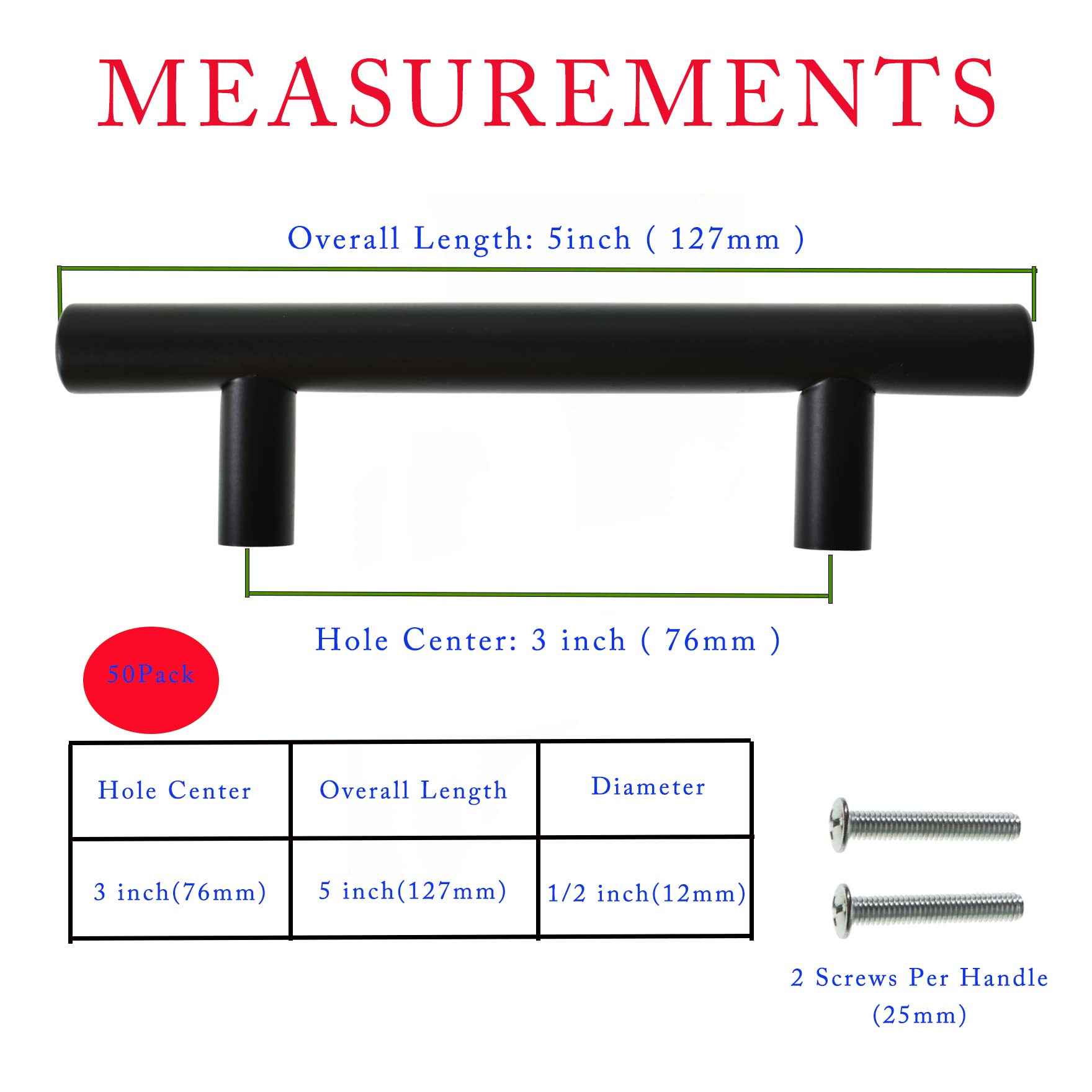 50 Pack Matte Black Cabinet Pulls - Stainless Steel Kitchen Cabinet Handles & Dresser Drawer Handles (3 Hole Center) - Perfect for Kitchen, Bedroom, Bathroom & Wardrobe Hardware Upgrade