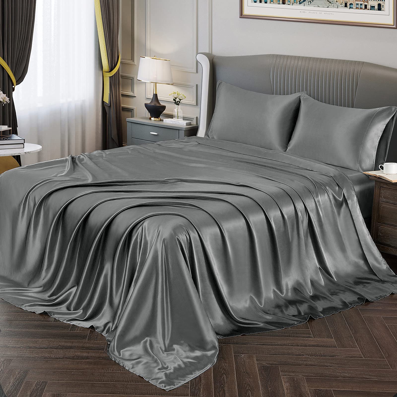 Luxury 100% Satin Silk Sheet Set - King Size Grey - Super Soft & Easy Care - Fits 10-12