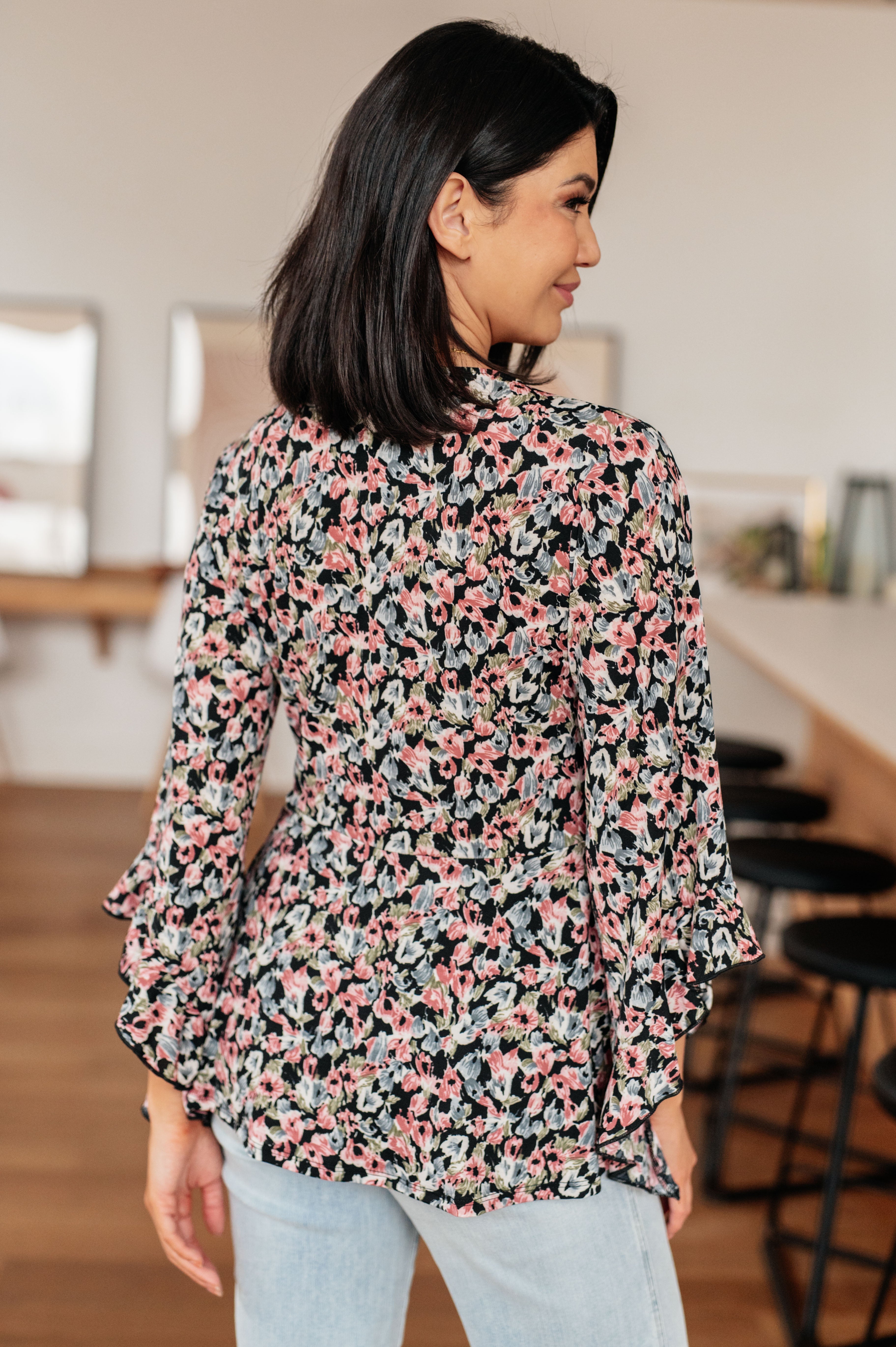 Black Floral Angel Sleeve Top for Women - Elegant Boho Blouse for Casual Wear, Date Night & Special Occasions