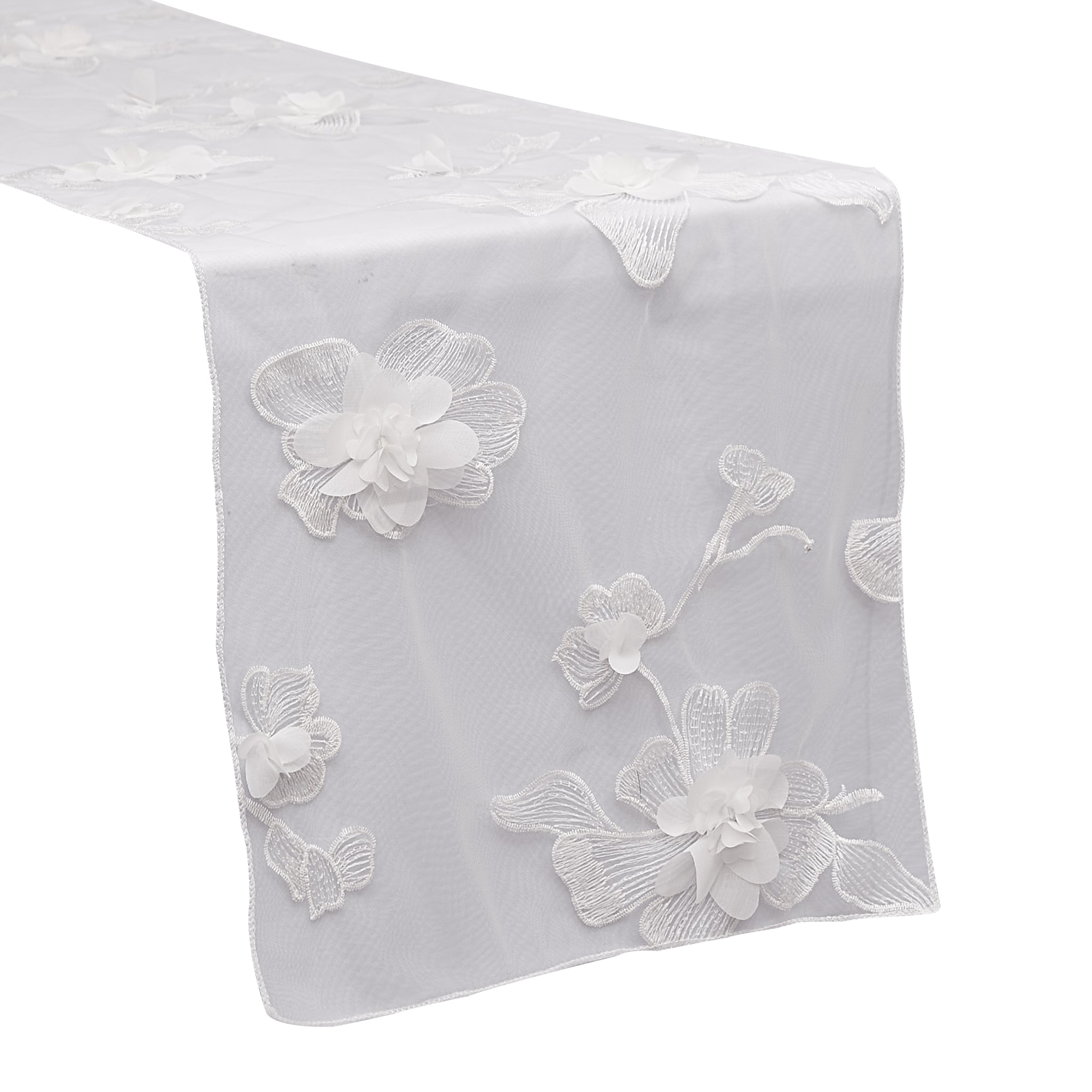 Elegant 3D Gardenia Embroidery Sheer White Table Runner - Perfect for Wedding, Party, and Home Decor